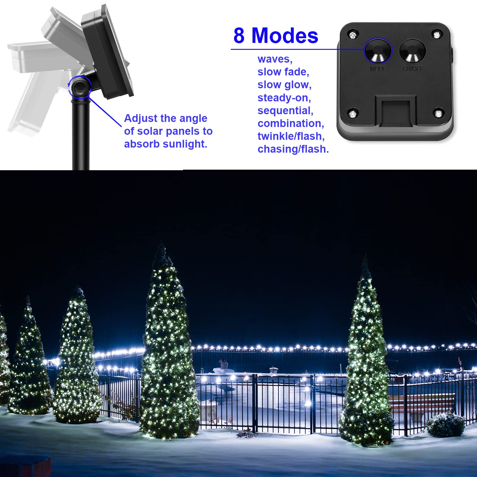Yaozhou Solar String Lights For Outside, Fairy Lights Outdoor Waterproof, Cool White 2Pack Total 200Led 66Ft 8 Modes Mini Mini Small Solar Powered Lights For Christmas, Garden, Patio, Fence, Balcony