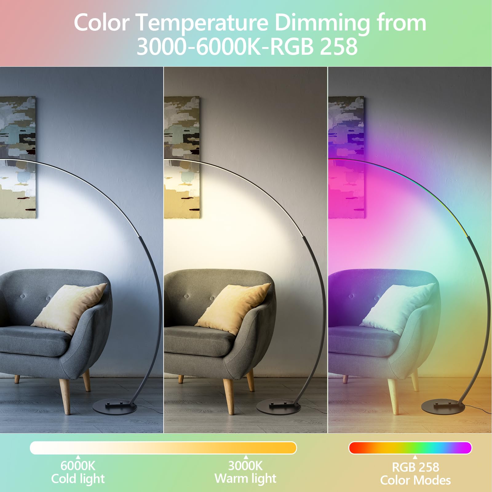 CHICLUX RGBW Arc Floor Lamp, Dimmable LED, Metal, Model LX-87123, Modern Design for Living Room, Bedroom, Office