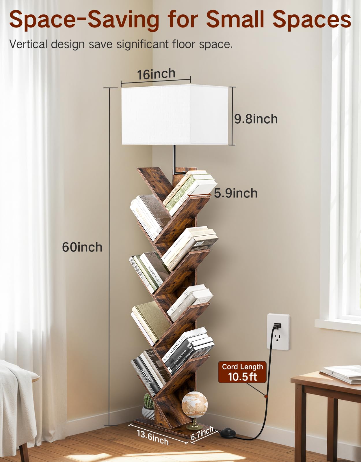 OUTONLIFE 9 Tier Tree Bookshelf, Rustic Brown Engineered Wood, 152.3cm x 17cm x 34.5cm, with Light, Remote & Timer, Modern