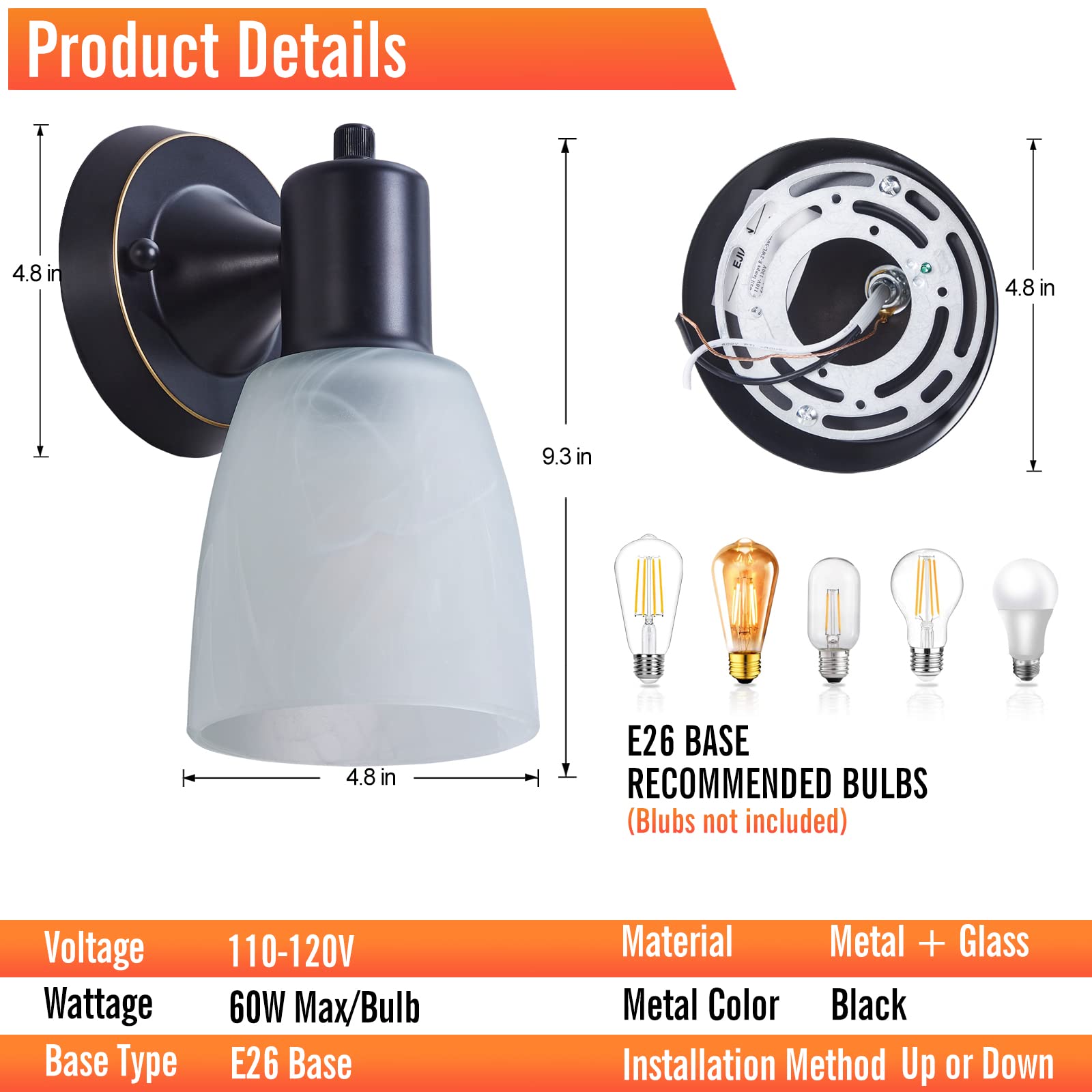 Wall Sconces Set Of 2, Matte Black Vanity Lights For Bathroom, Modern Wall Light Fixtures With Rotary Switch, Wall Mount Light W