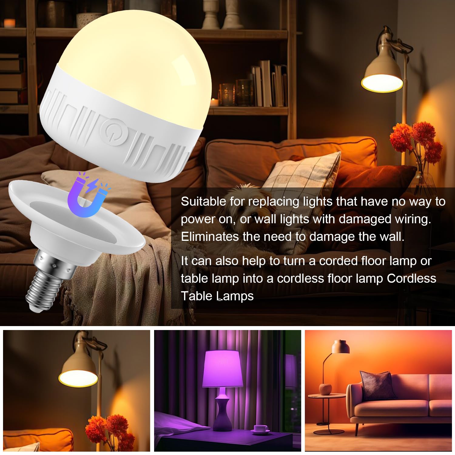 LGMCF Rechargeable LED Light Bulb - E12 6W 450LM, Dimmable, 15 Colors, Remote Control, 2500mAh Battery, 2-Pack