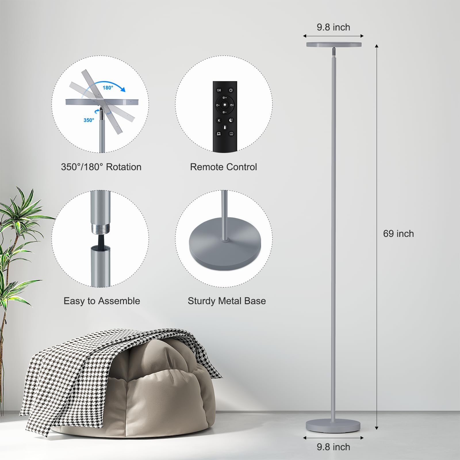 SUNMORY LED Floor Lamp, 32W/3000LM Bright Torchiere, 69" Tall, Gray Metal, Remote Control, Stepless Dimmable for Living Room/Office