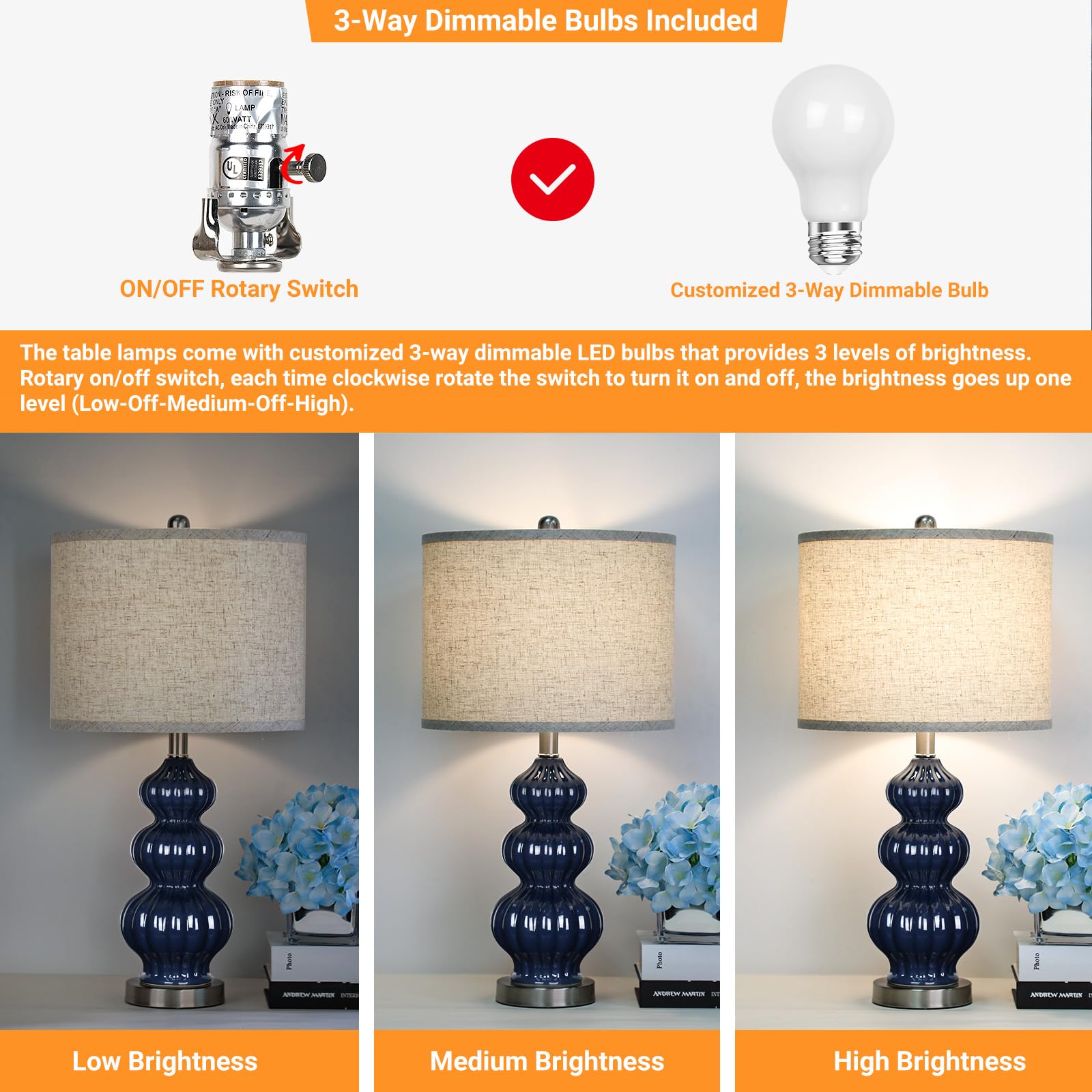 25'' Ceramic Table Lamp Navy Blue Triple Gourd Ceramic Lamp Table Lamp Modern Lamp For Bedroom Living Room, 3-Way Dimmable Bulb