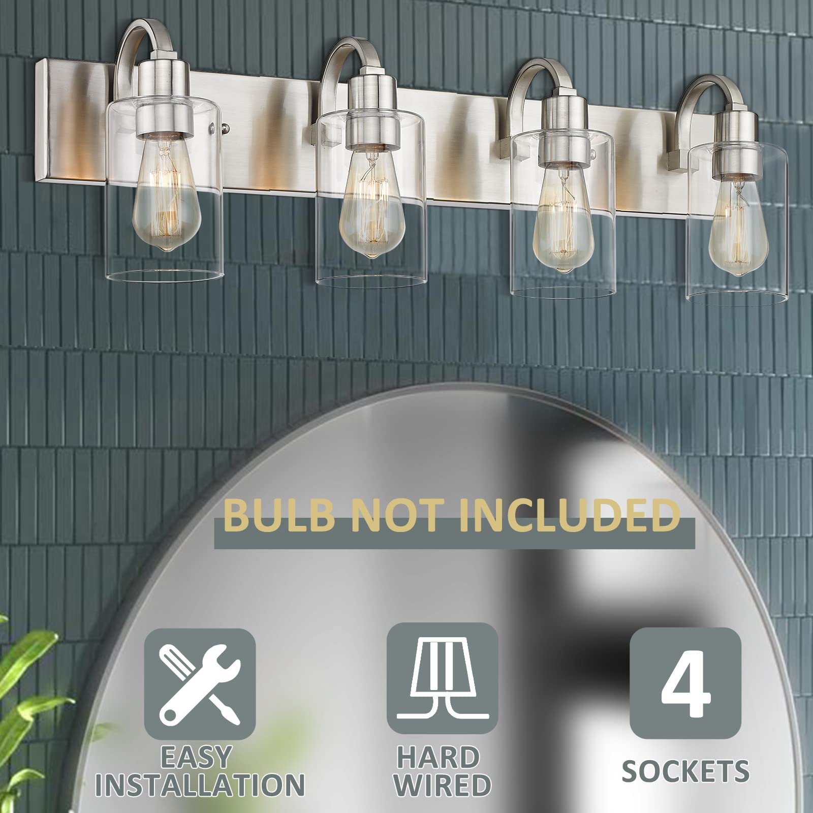 Emliviar 4-Light Brushed Nickel Vanity Light Fixture With Clear Glass - Modern Bathroom Lighting