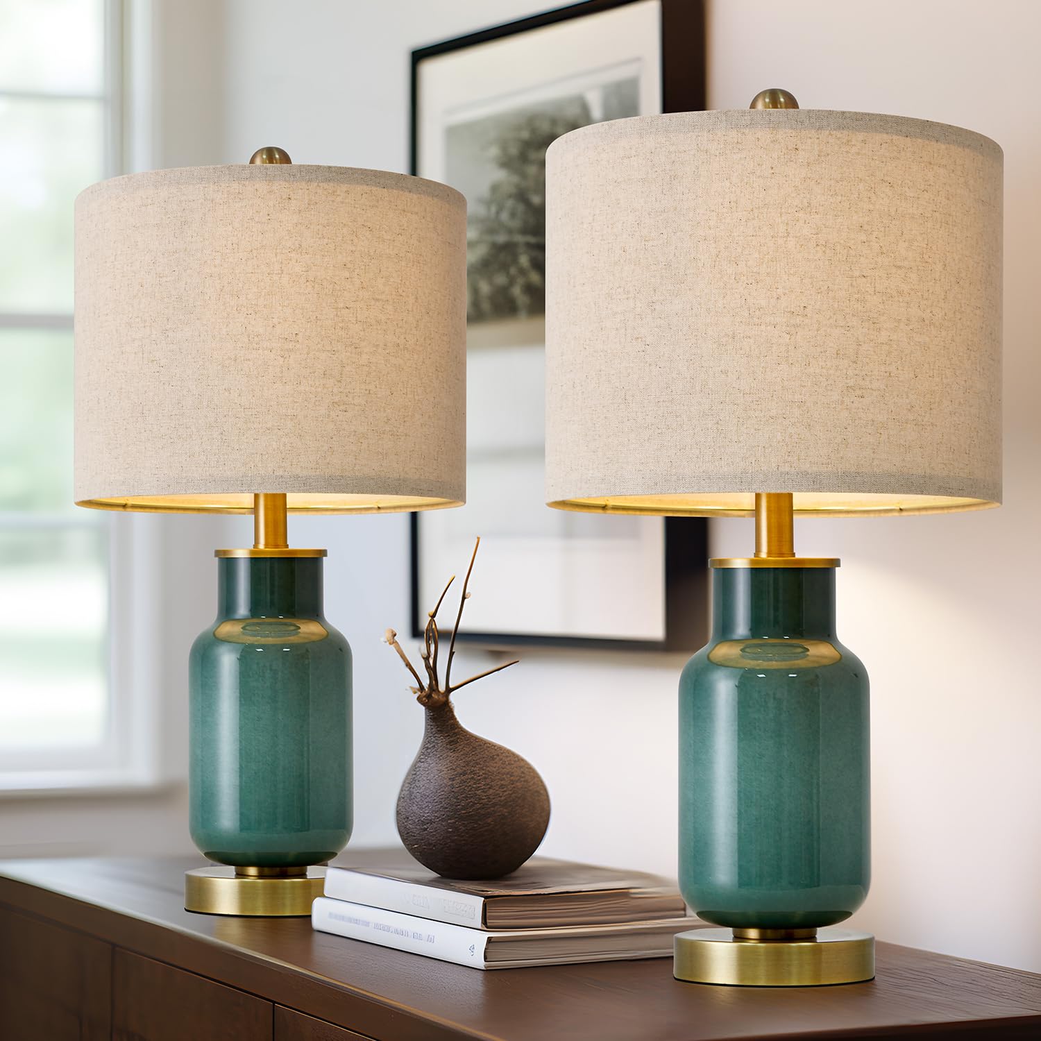 USumkky Modern Table Lamp Set of 2, 21.25" Dark Green Glass Nightstand Lamps for Living Room and Bedrooms, Model YM-AMZ-T1126GR