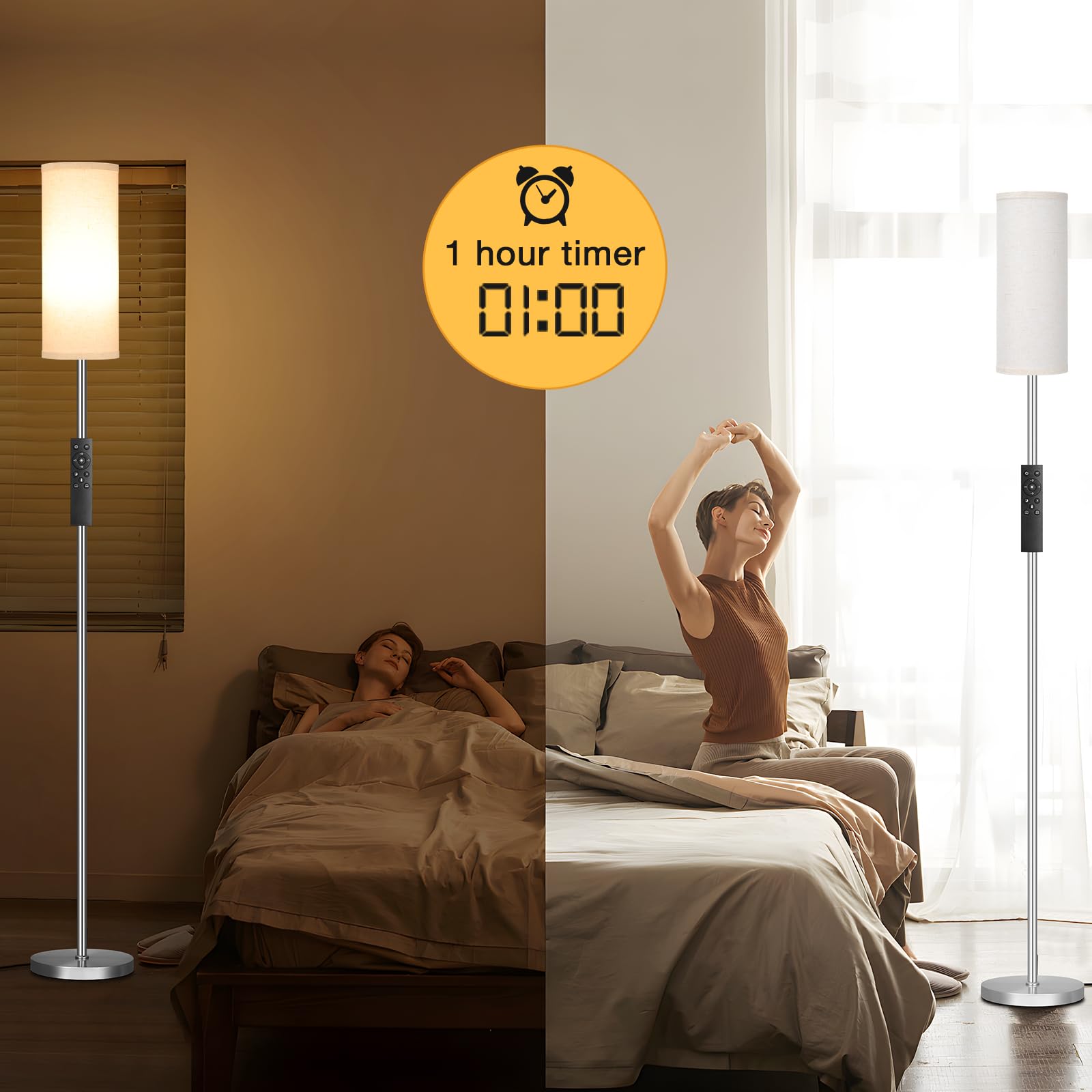 Ambimall 64'' Floor Lamps For Living Room With Remote Control And Stepless Dimmable Colors Temperature & Brightness, 9W Bulb Included(Beige Lampshade & Silver Pole)