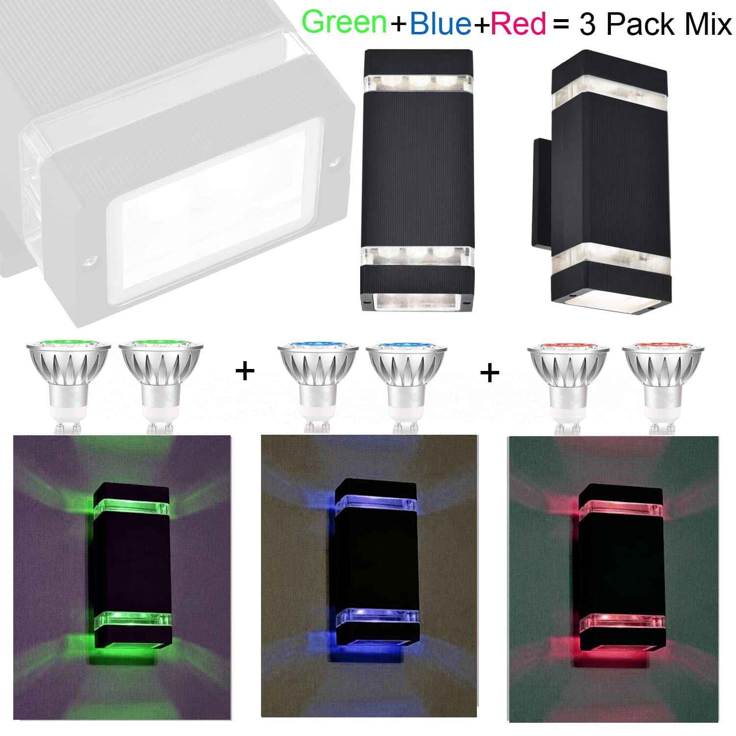 iYogaled Outdoor Wall Sconce, Up Down Lighting Fixture, Medium Size, Aluminum, Mix Color (Red, Green, Blue), Model ROSY11, 3 Pack