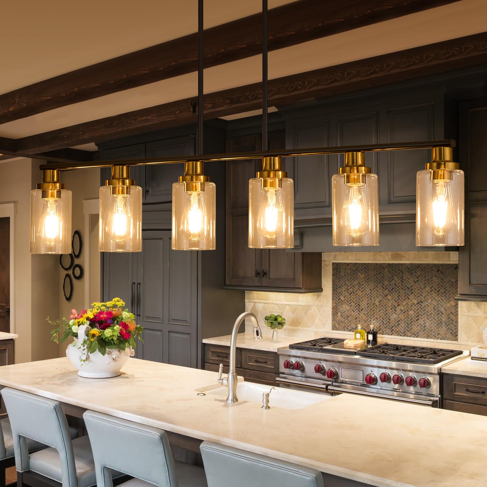 Kpiok Island Light For Kitchen, 6-Light Farmhouse Dining Room Light Fixture With Clear Glass Shade, 44.3'' Matte Black And Gold Linear Chandelier Pendant Lighting For Dining Table Kitchen Living Room