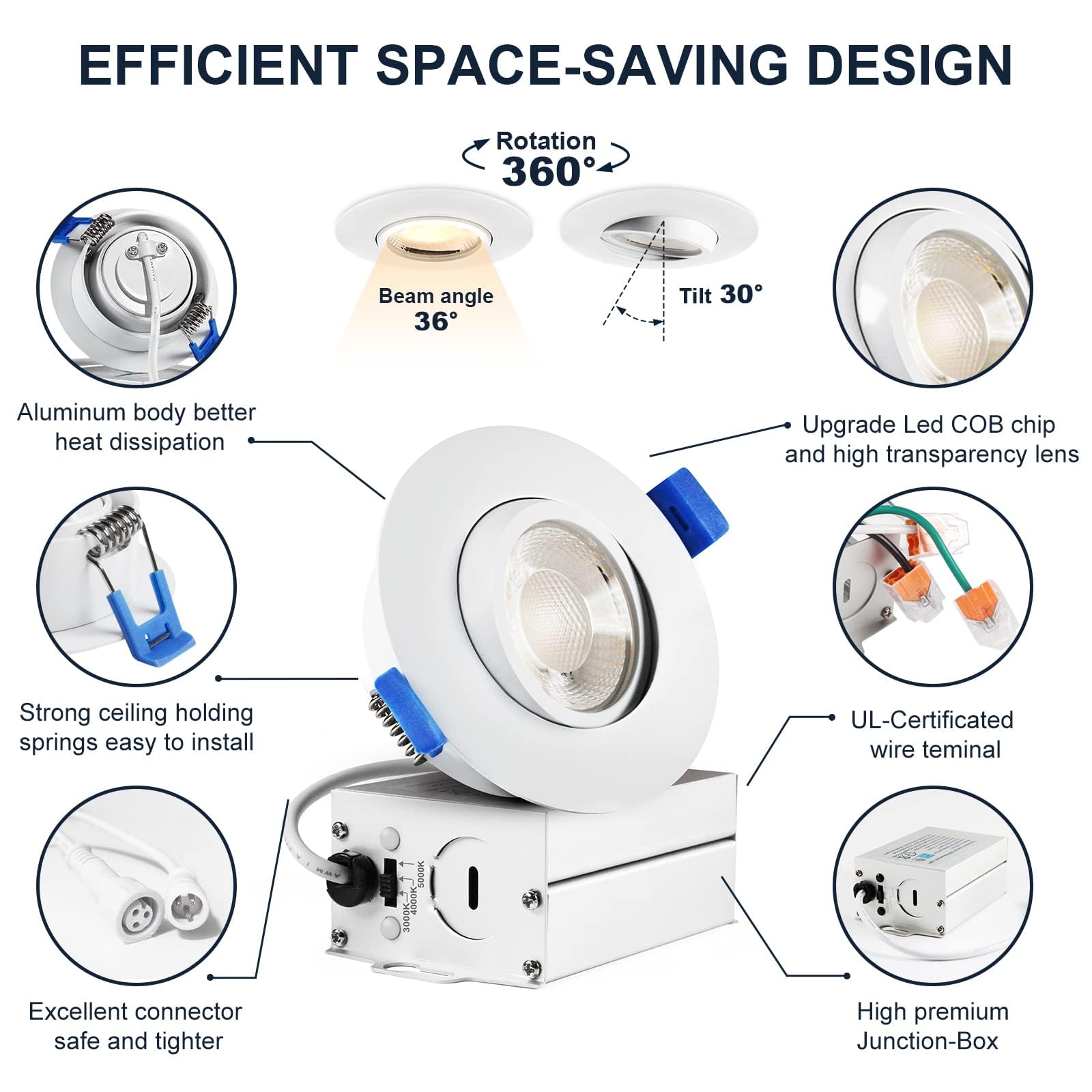 LTpro 3 Inch Gimbal LED Recessed Lights, 10W, Dimmable, 5 CCT 2700K-6000K, Waterproof, Aluminum, 4 Pack
