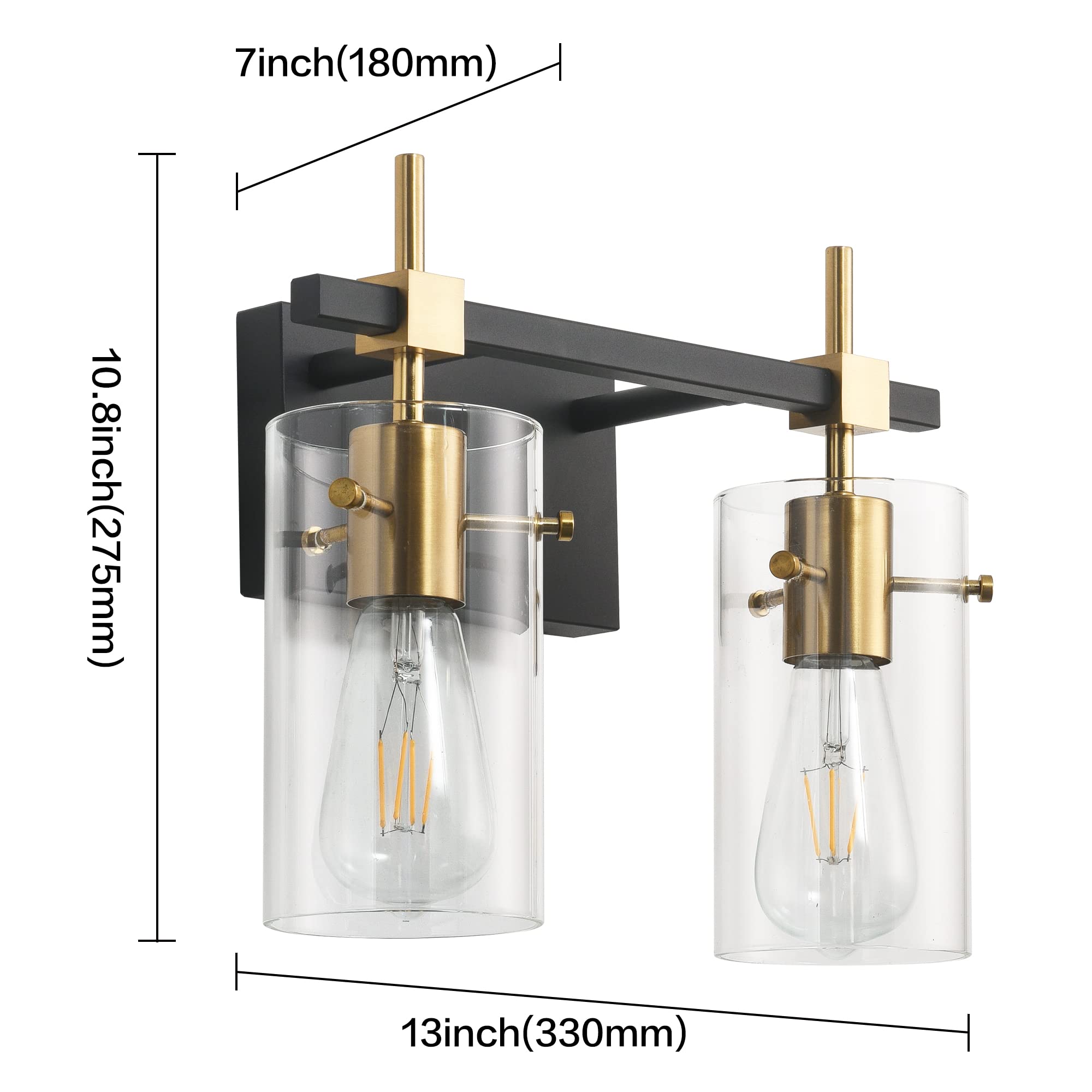 SOLFART Vintage Vanity Light Fixtures - 2-Light Wall Light for Bathroom, Glass Shade, Black & Golden, Model 7200-2
