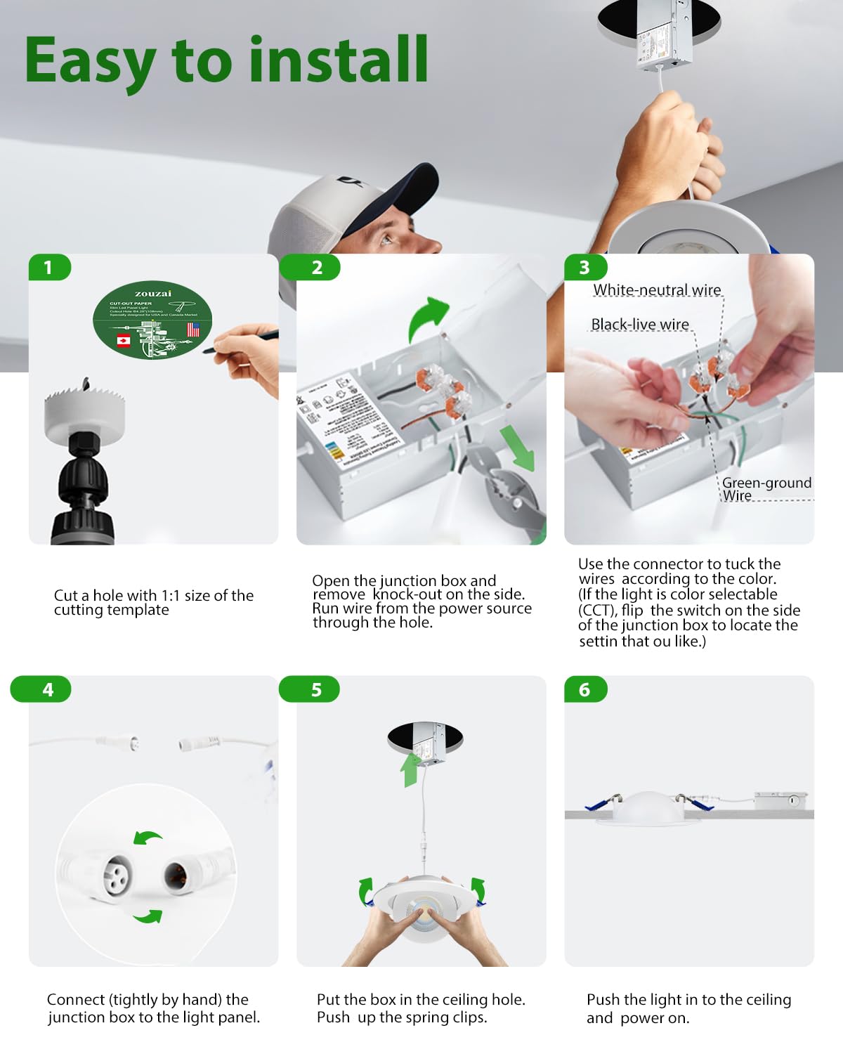 Zouzai 6 Inch 5Cct Gimbal Led Recessed Lights  360+90 Adjustable Directional Recessed Lighting  2700K/3000K/3500K/4000K/5000K Dimmable Retrofit Eyeball Can Lights With Jbox  Etl(White  1 Pack)