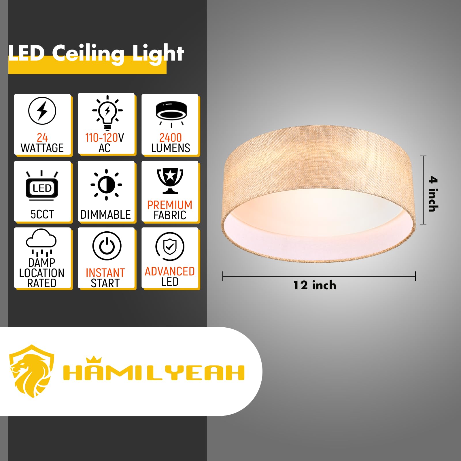 Hamilyeah 12&quot; Led Flush Mount Ceiling Light, Gold Fabric, 24W, Modern Fixture For Kitchen & Bath