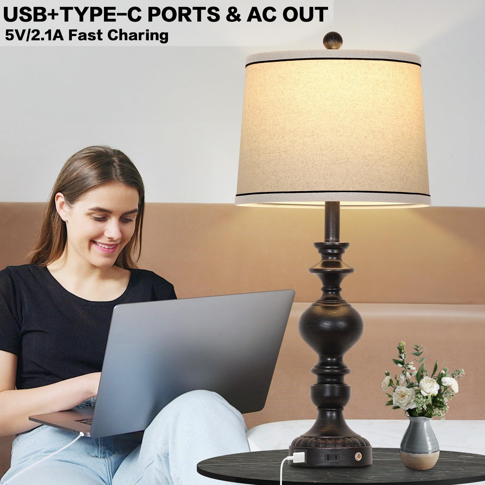 28'' Black Farmhouse Table Lamps Set Of 2, Rustic Lamp For Living Room With Usb C+A Ports & Ac Outlet, 3 Way Touch Control Resin