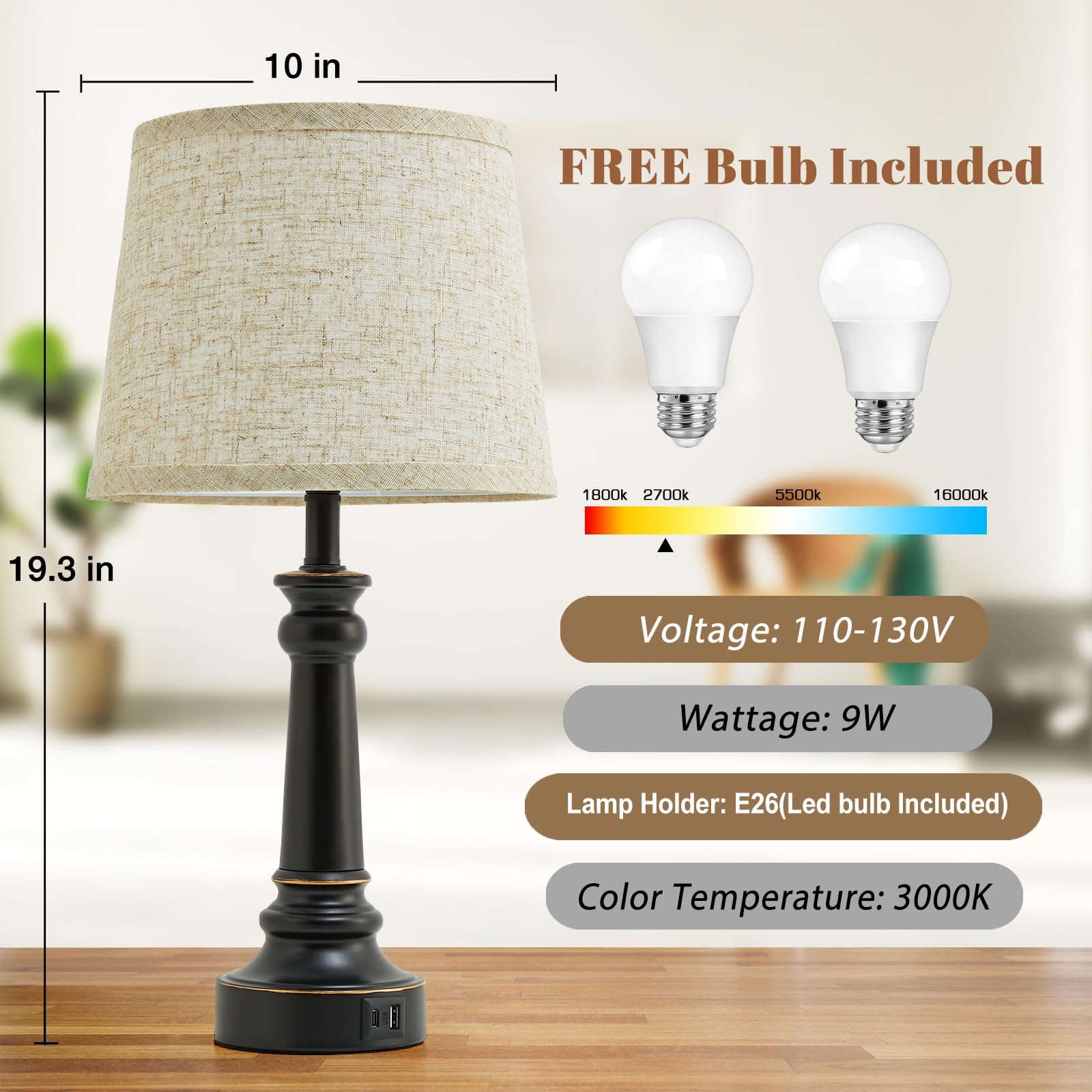 Ejiaxin Touch Lamps For Nightstand Set Of 2 - Black Table Lamp For Bedroom 3 Way Dimmable Bedside Lamp With Usb C+A Ports - Lamp