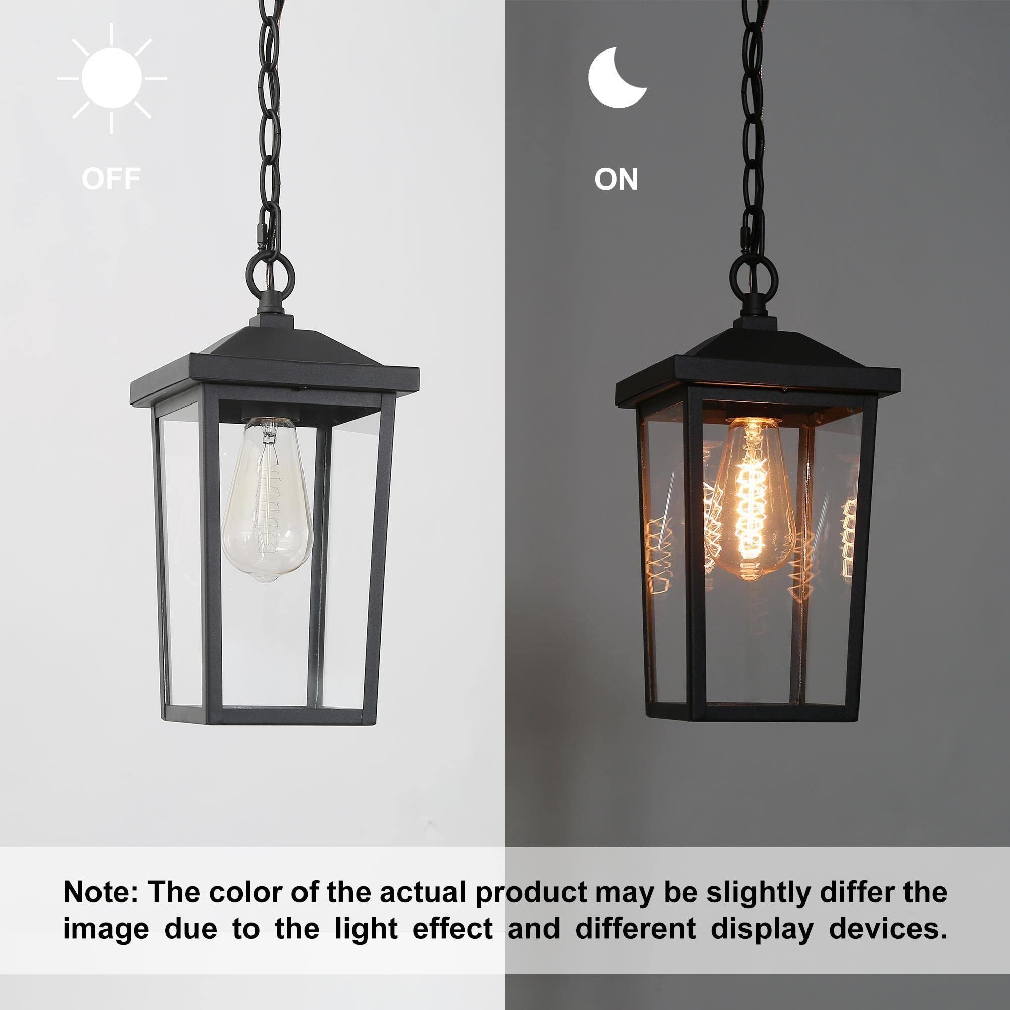 Classy Leaves Black Outdoor Pendant Light Fixture, Adjustable Chain, Clear Glass Shade