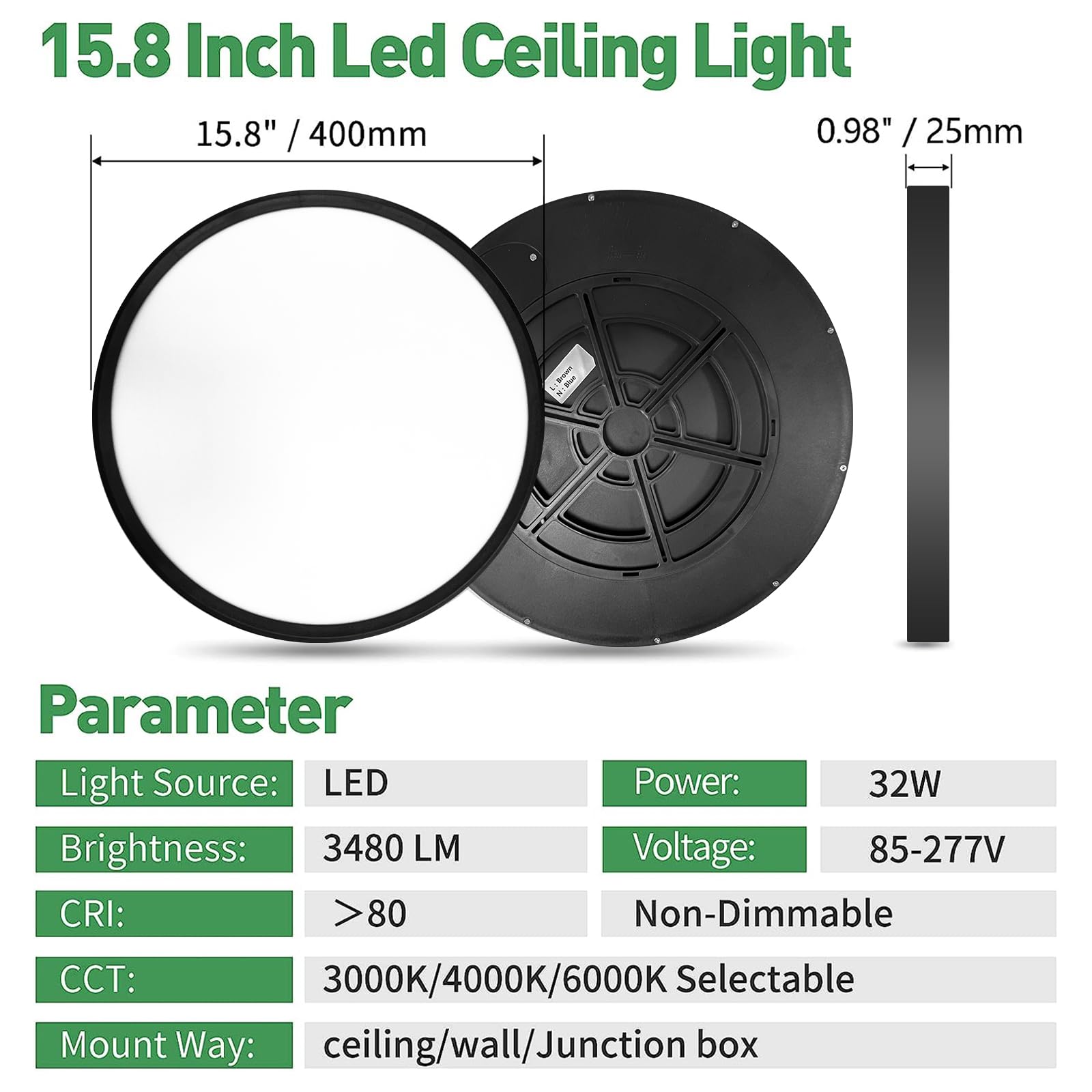 2Pk 15.8 Inch Black Led Flush Mount Ceiling Light, 32W, 3480Lm, 3000K/4000K/6000K Cct Selectable, Round Flat Panel Light Low Pro
