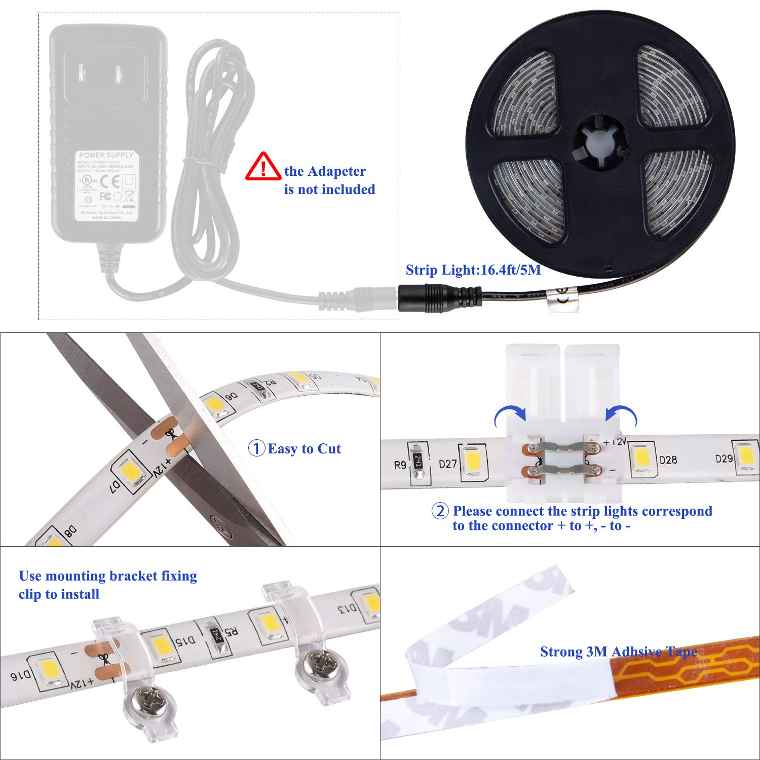 Junwen 16.4Ft White Led Strip Lights  12V Waterproof Led Strip Lights Flexible Light Strip Indoor For Bedroom  Kitchen  Bathroom(Not Included Power)