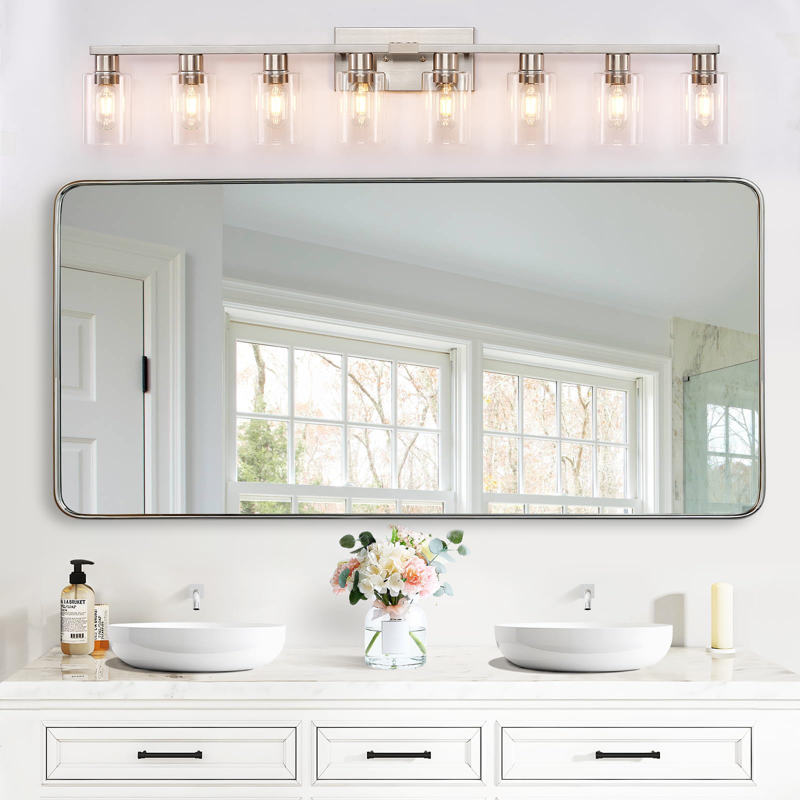 Hdasic 8 Light Bathroom Vanity Light  Large Brushed Nickel Vanity Lights Fixtures  Bathroom Lighting Fixture Over Mirror With Clear Glass Shade For Mirror  Bedroom  Living Room  Wall Lamp