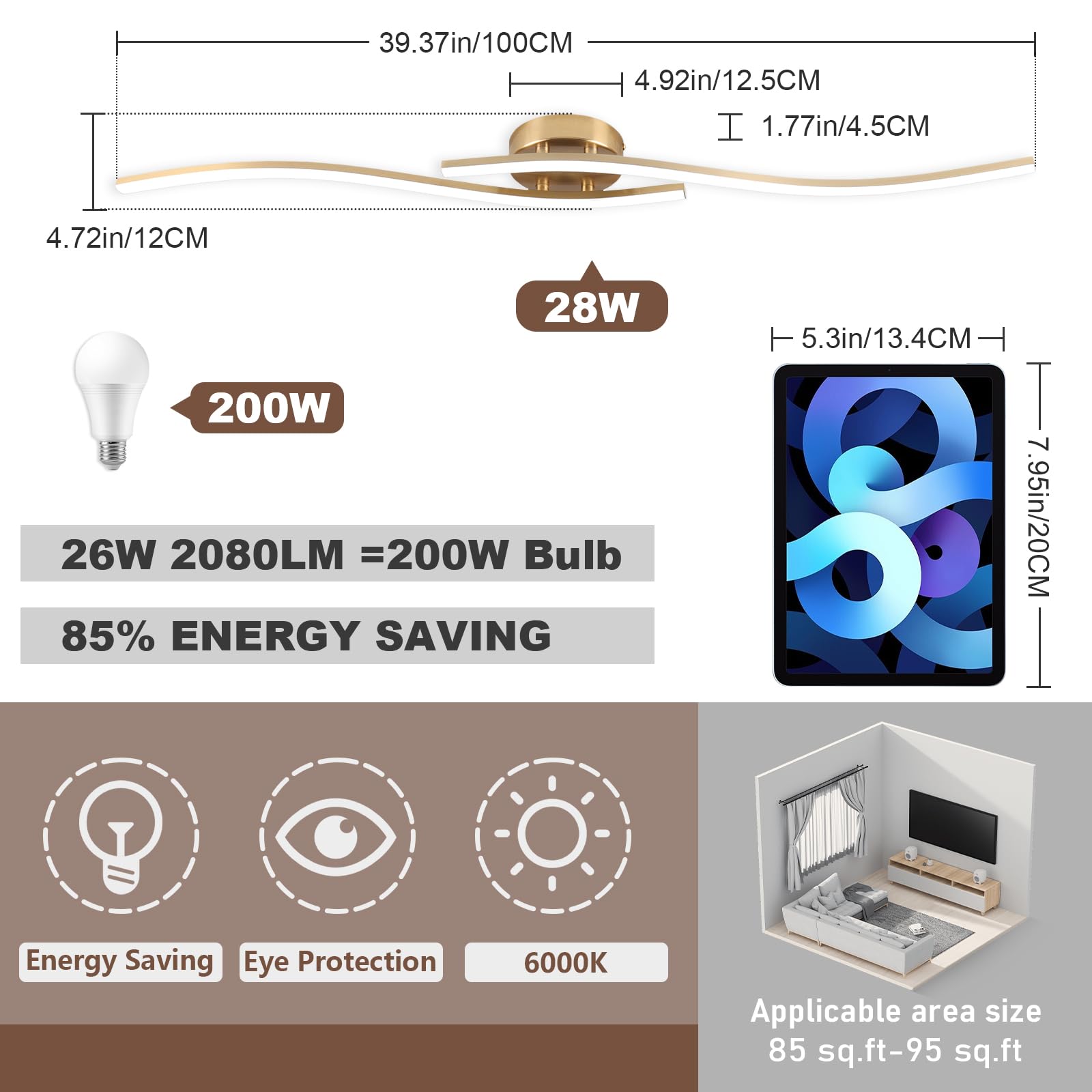 Hlilceh 28W Linear Ceiling Light Gold Modern Led Ceiling Light Fixture 6000K Aluminum 39.37Inch Long Ceiling Lamp For Hallway, K