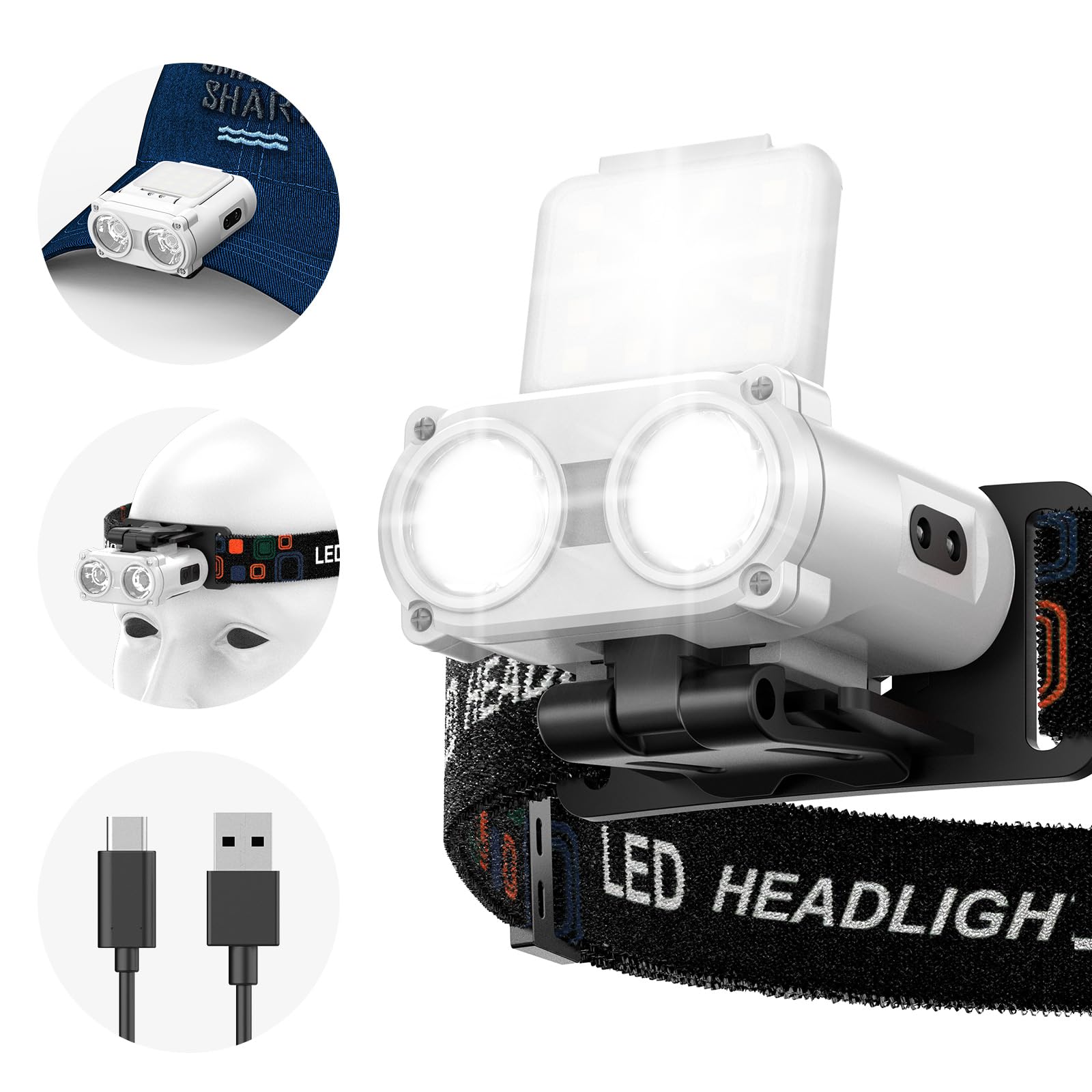 Smiling Shark Led Clip On Cap Light, Headlamp Usb Rechargeable Waterproof With 2Type White And Red Light Compact&Portable With M