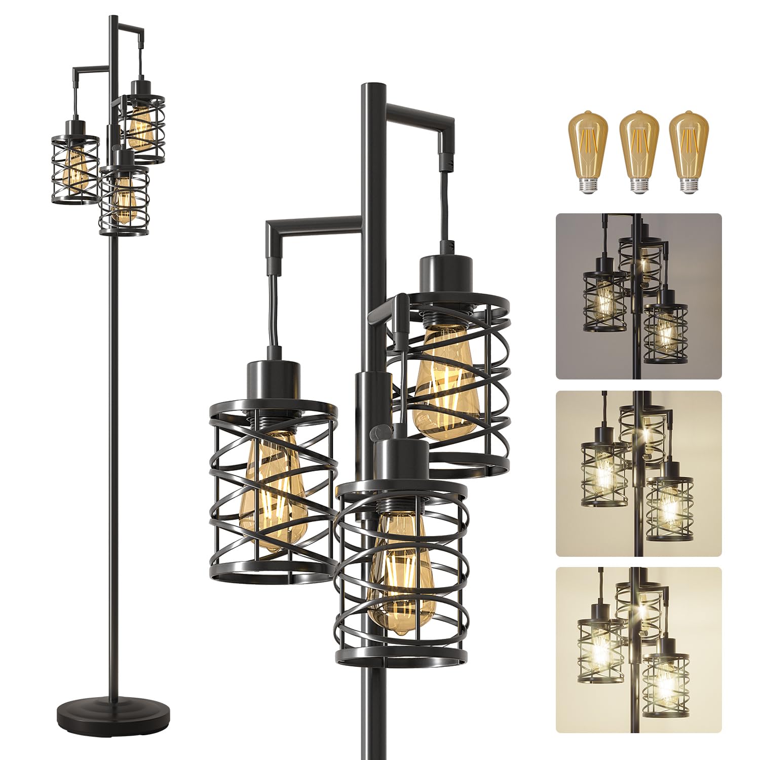 Oneach 68'' Industrial Standing Floor Lamp, Stepless Dim Light with 3 Bulbs, Farmhouse & Corner Design, Tall Lamp for Home and O