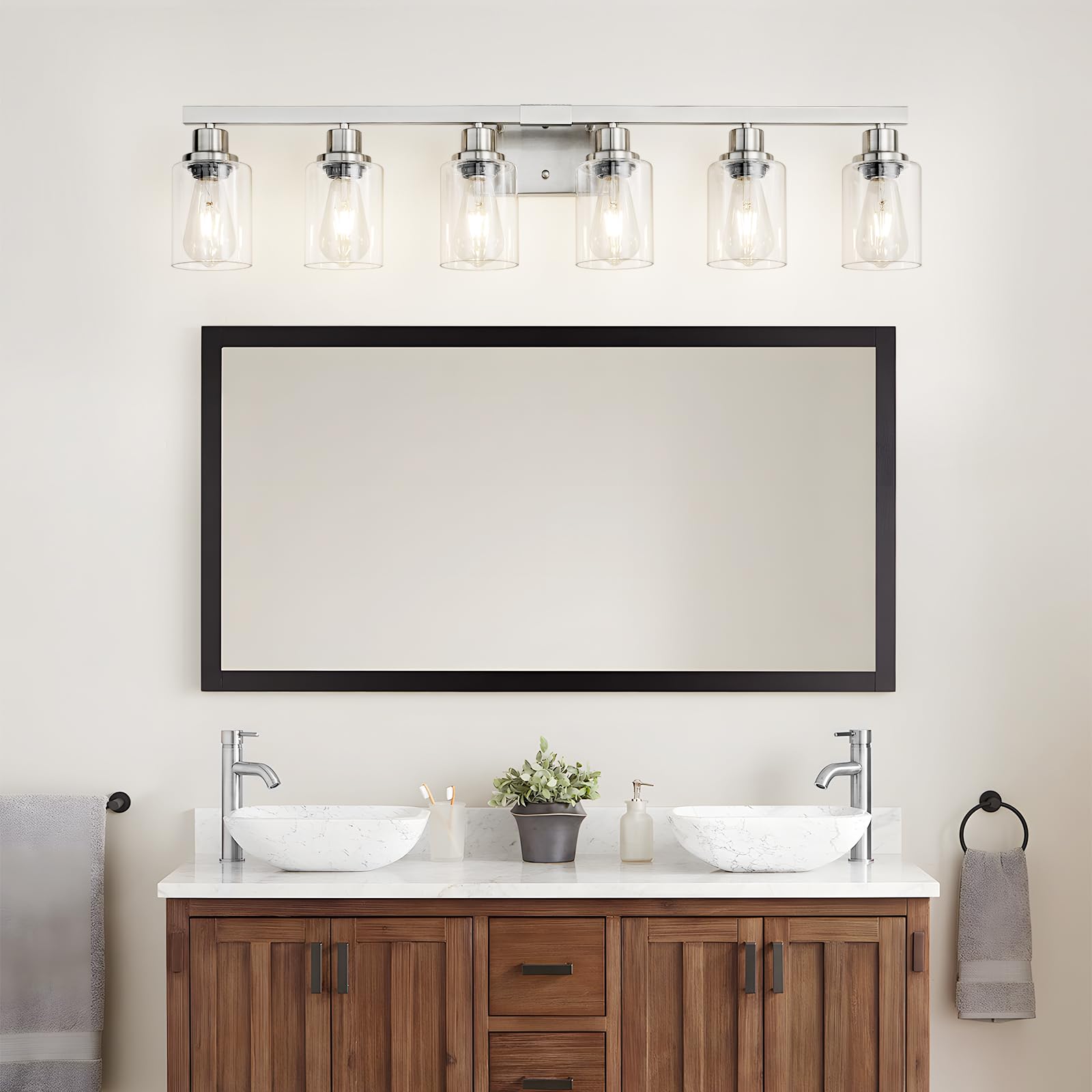 Dikaida 6-Light Bathroom Vanity Light, Nickel Metal Wall Sconce With Clear Glass Shade, Model Ns-6