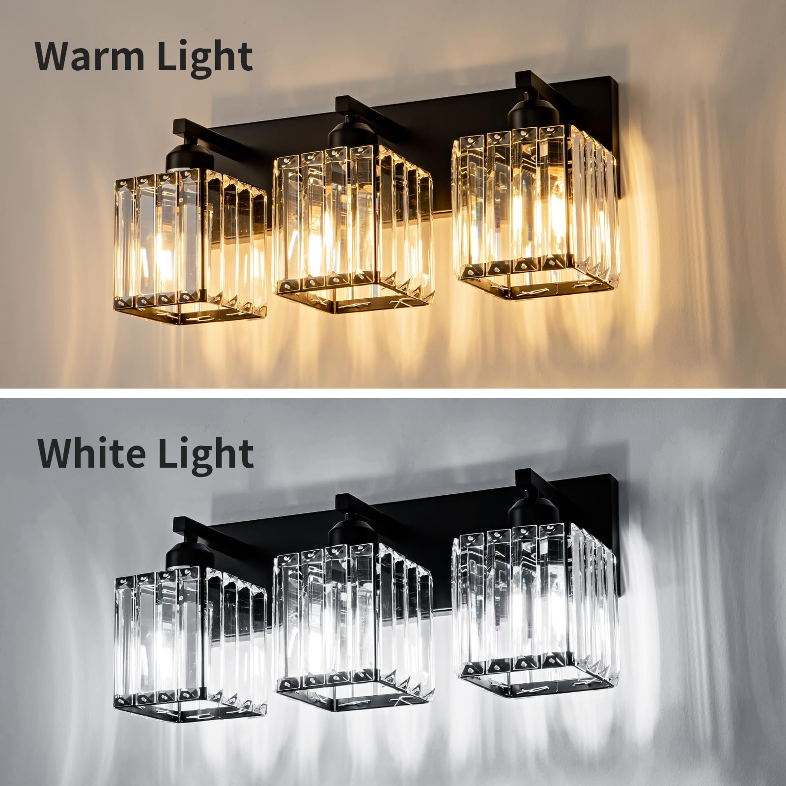 Aixialin Black Bathroom Vanity Light, 3-Light Crystal Wall Fixture, Metal, Model 600-100-1011