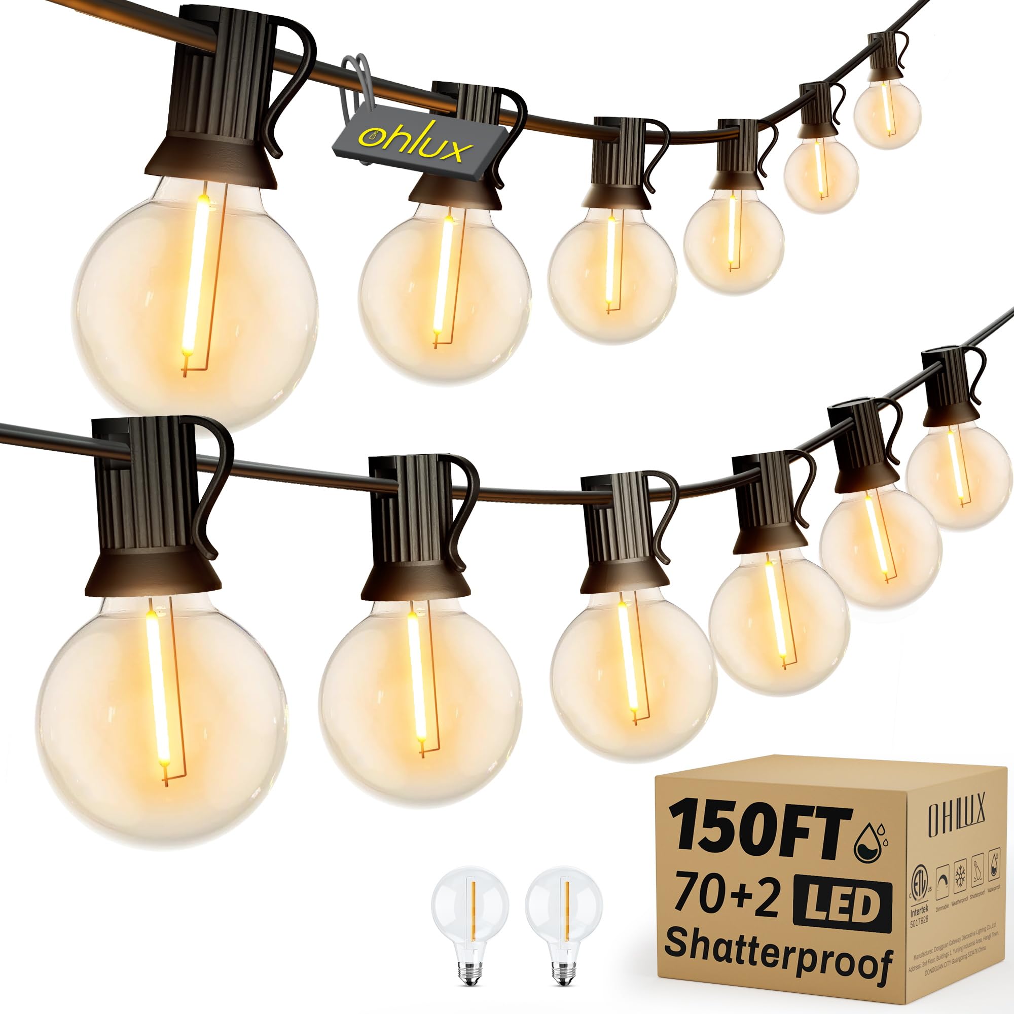 OHLUX Outdoor String Lights, 150FT Patio Lights with 70+2 Dimmable Plastic LED G40 Bulbs, 2200K Waterproof Connectable Hanging S