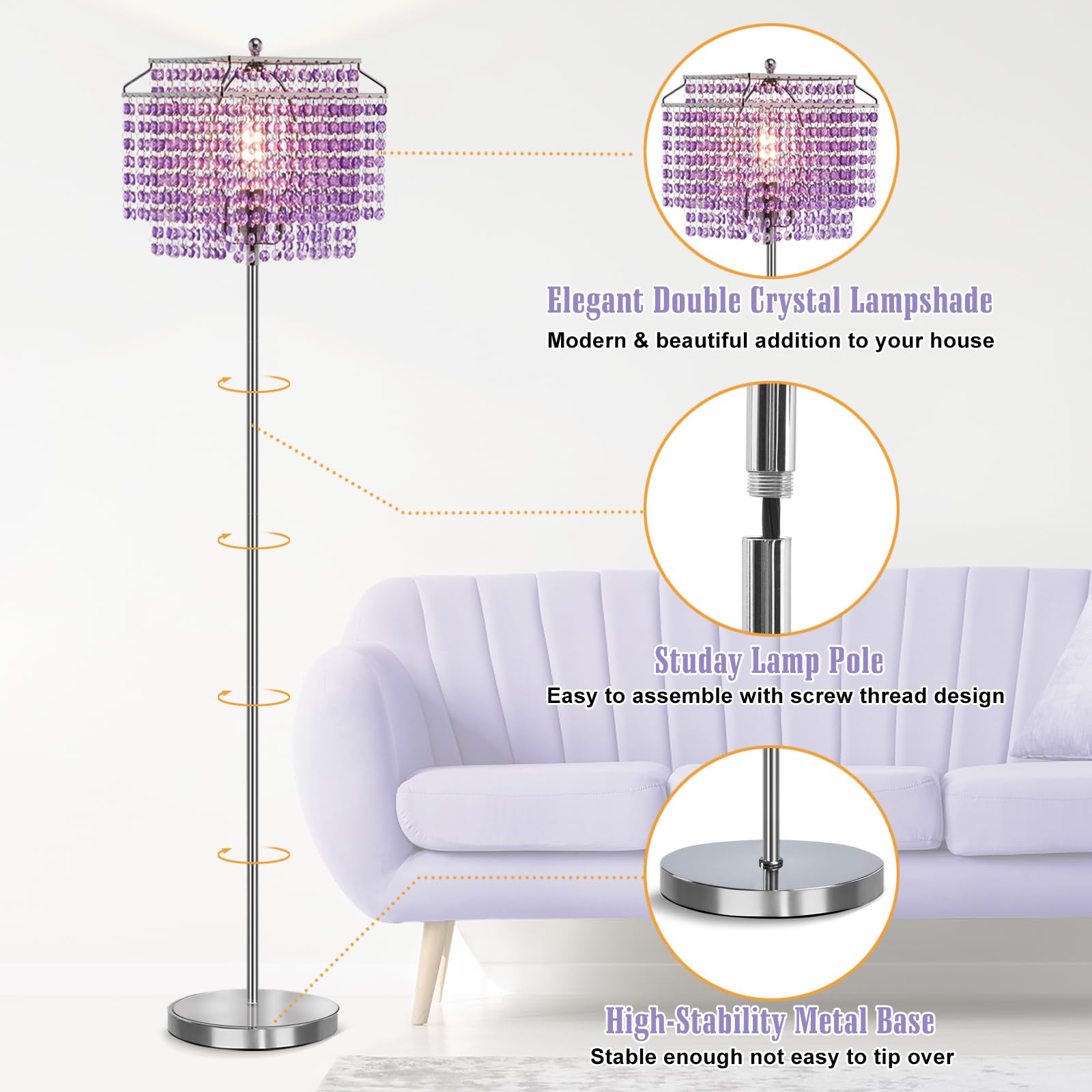 Crystal Floor Lamp Purple, 64'' Tall Standing Lamps With Double-Layer Lampshade, Elegant Floor Lamp With On/Off Foot Switch, Sta
