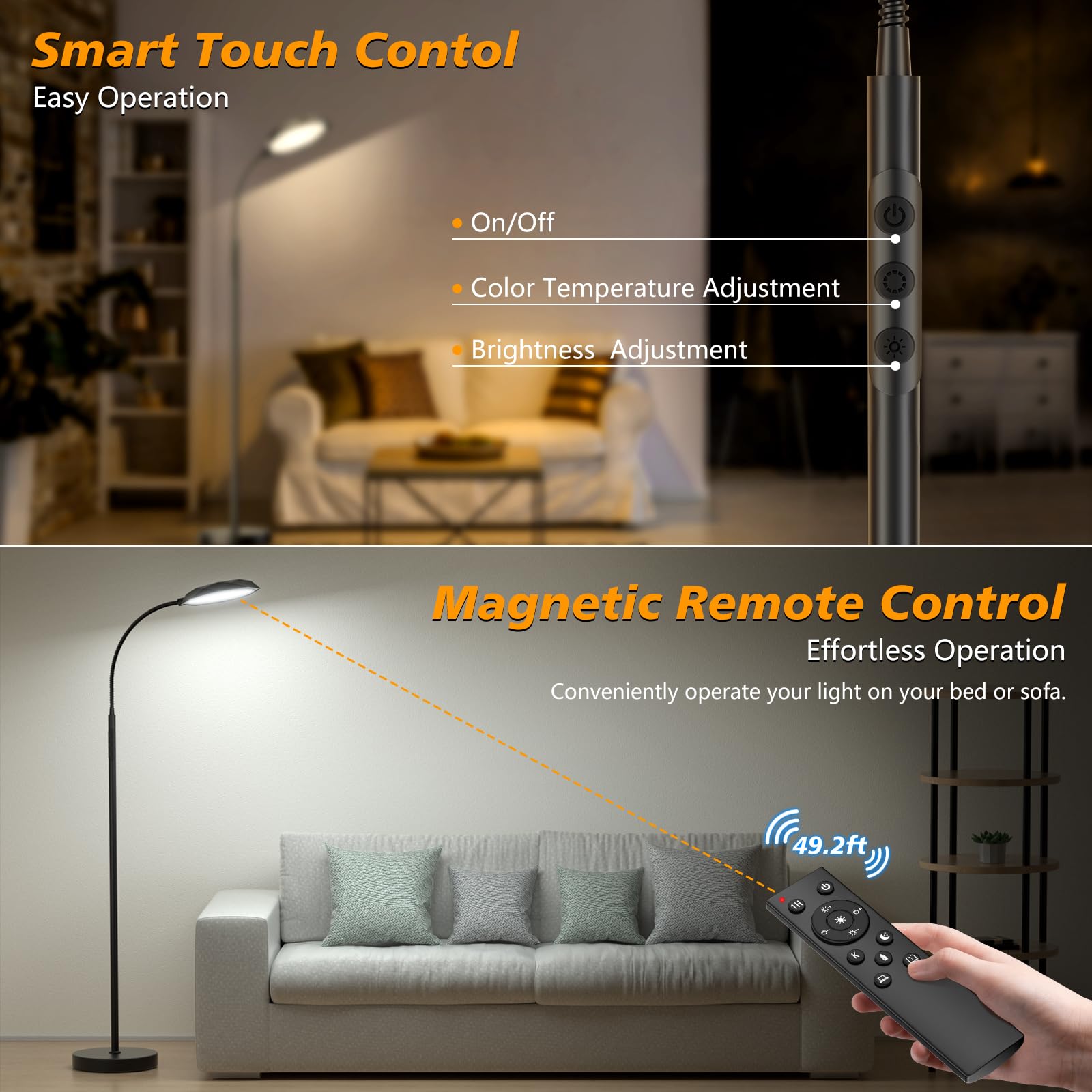 PACOVY Floor Lamp LED 18W Adjustable Colors & Dimmer Remote Control Black FLL-018-F5