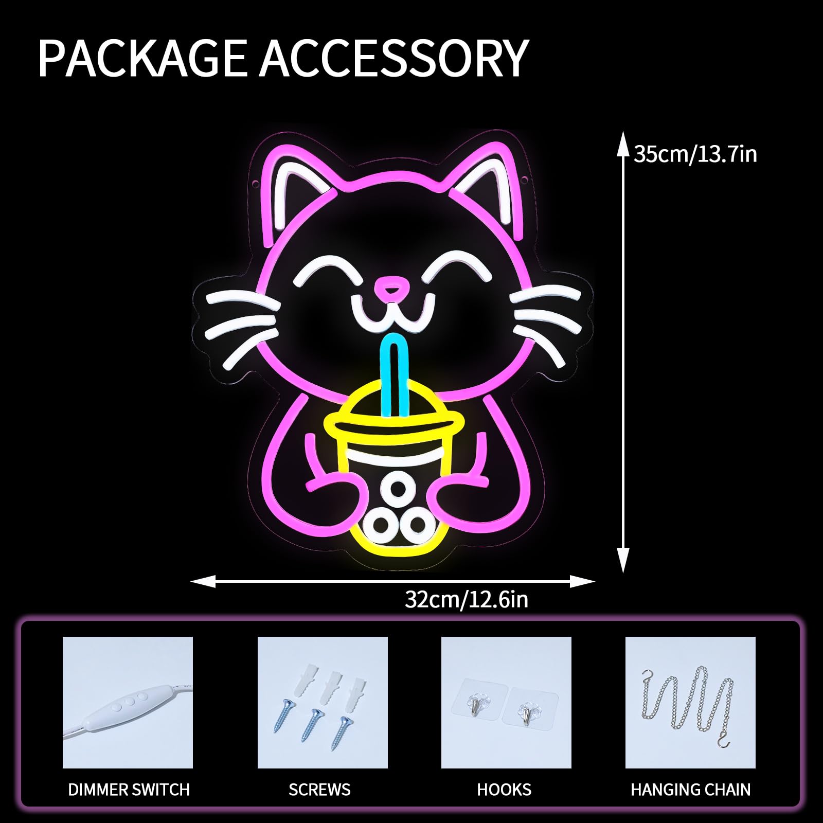 Virlusy Cat Boba Tea Neon Sign, Dimmable LED Light for Wall Decor, Medium Acrylic, Pink Yellow White, Model YL-Boba Cat
