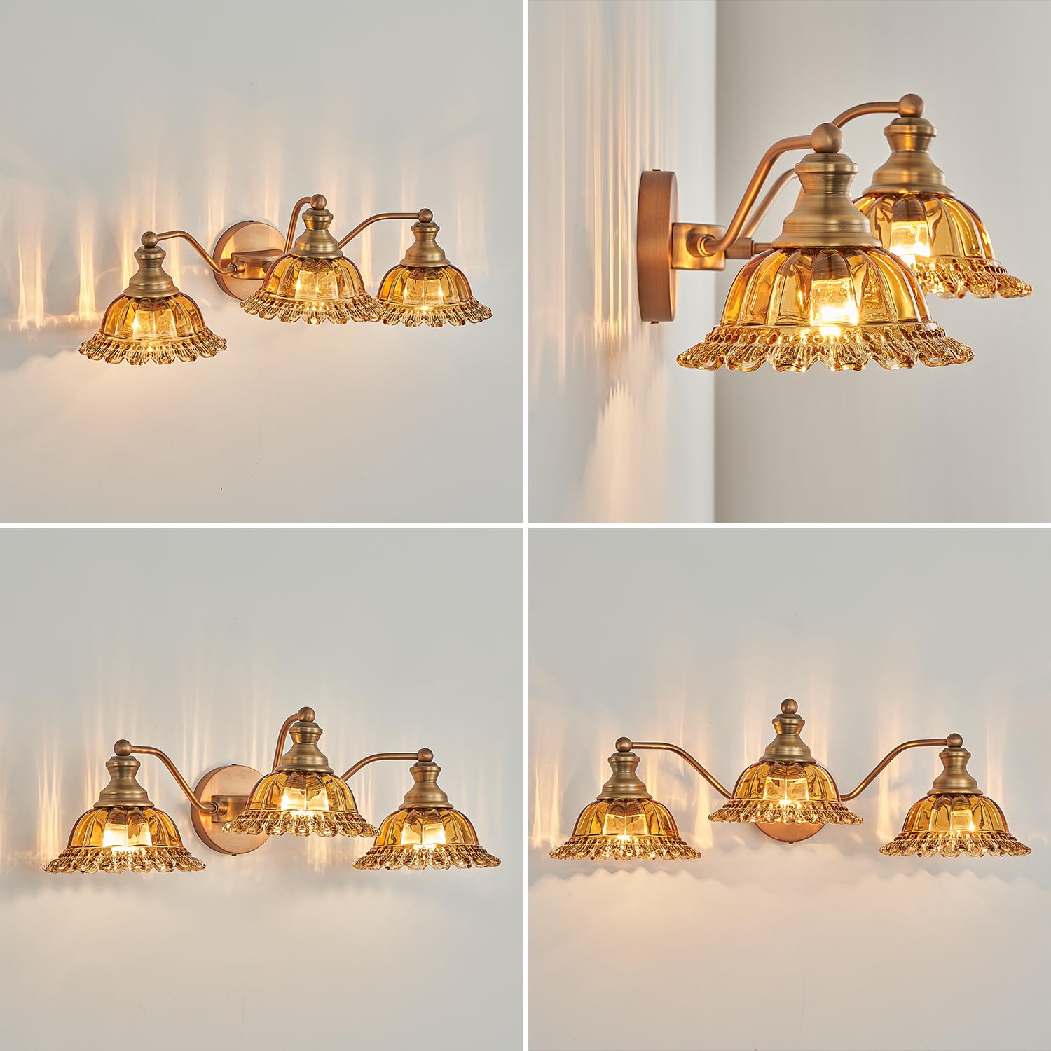 XIEDUN 3 Light Vanity Fixture - Brass and Tea Colored Glass, Metal, Model W338-3SC