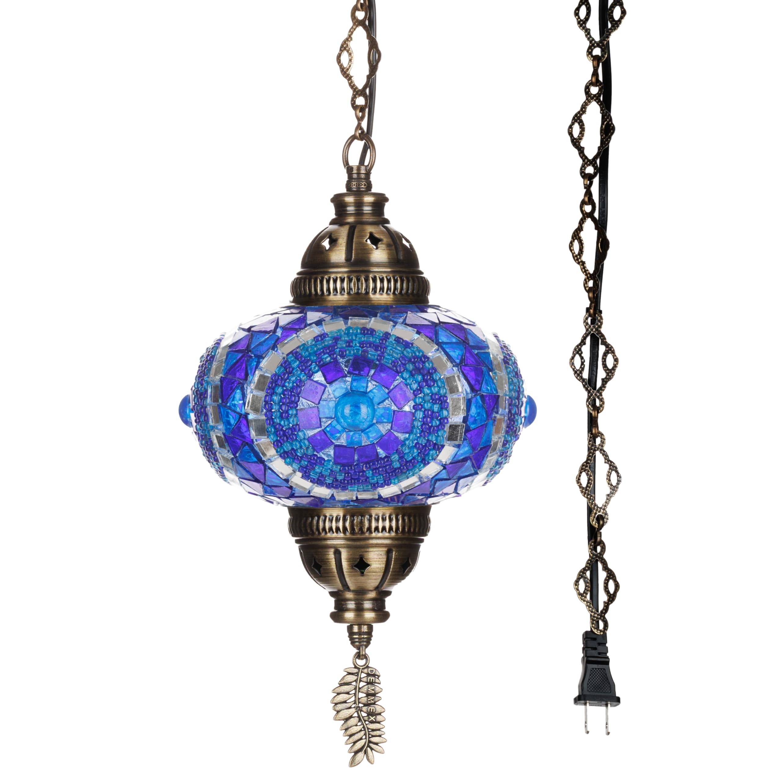DEMMEX Plug in Pendant Light - Turkish Moroccan Mosaic Lamp, Glass Shade, 6.5in, Blue Space, 15ft Metal Chains
