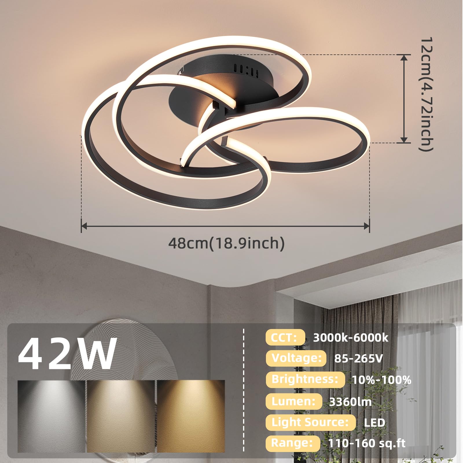 CANEOE Modern LED Ceiling Light Fixture, 42W Dimmable, Remote Control, Black, Flush Mount, Model CL-3BH-D-US