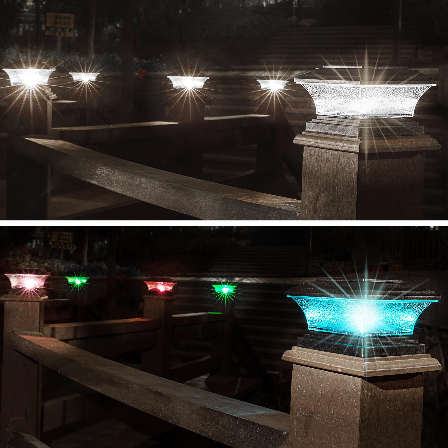 HUYIENO Solar Post Cap Lights Outdoor LED, Warm White/7 RGB, 4x4 5x5 Wooden Posts, Black, 8pk, Model HY1238-8