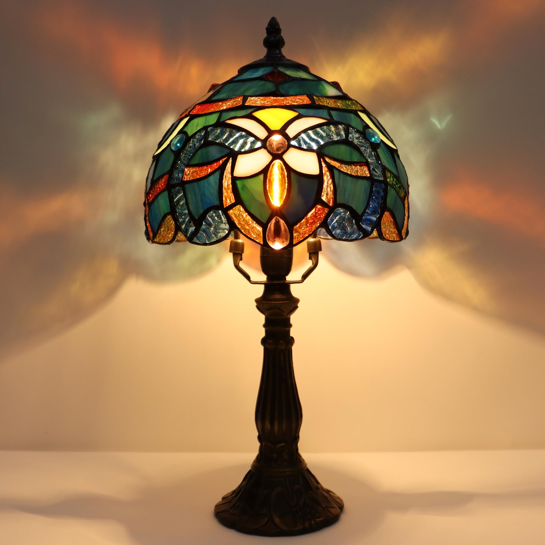 Lxhcyou Small Tiffany Lamp Mini Accent Table Lamp Stained Glass Desk Memory Lamp Sympathy 8X14.5 Inch (Blue Baroque Style)
