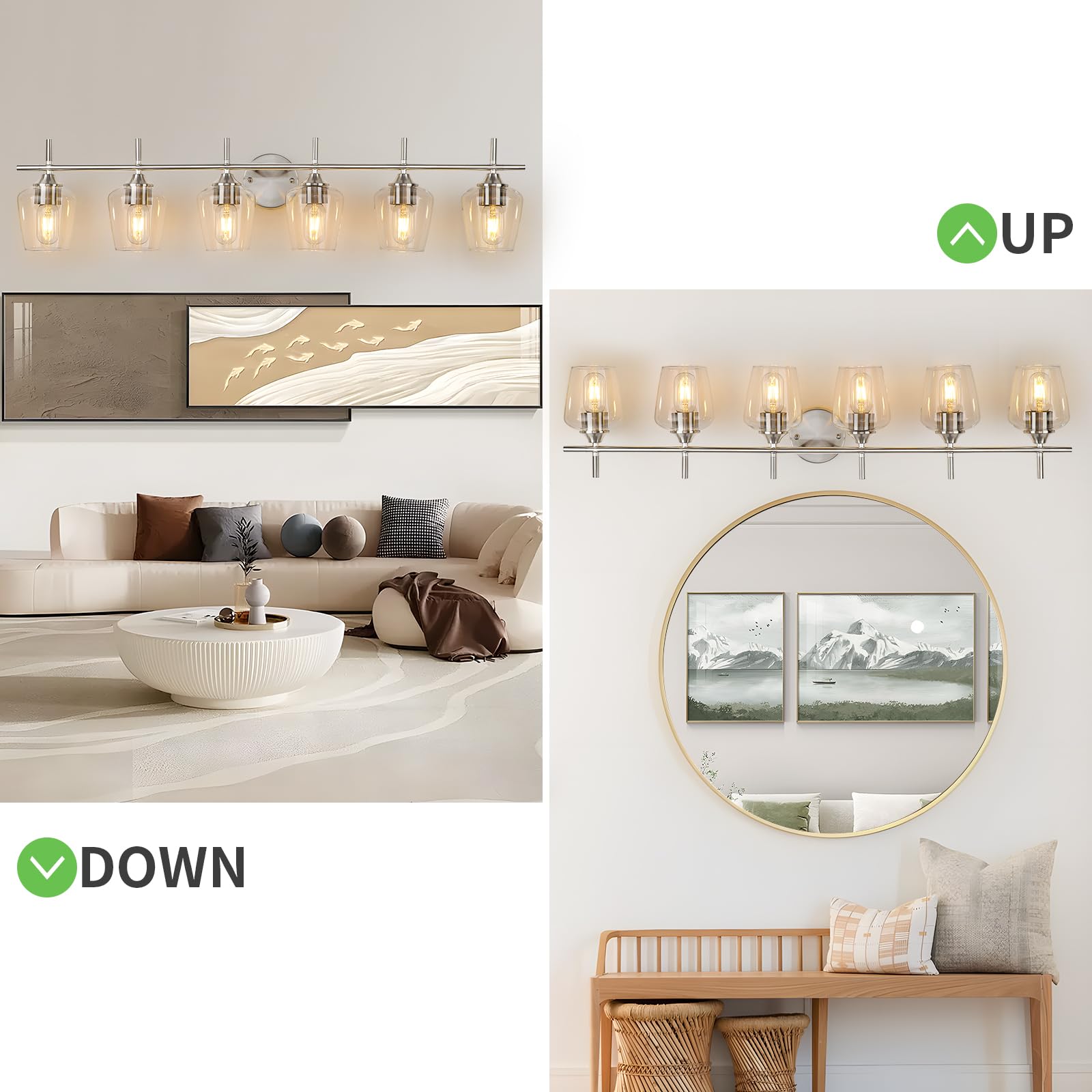 foucasal 6-Light Bathroom Vanity Light Fixtures, Brushed Nickel, Metal, Clear Glass Shade, Model ULB0046H-6SHANIE
