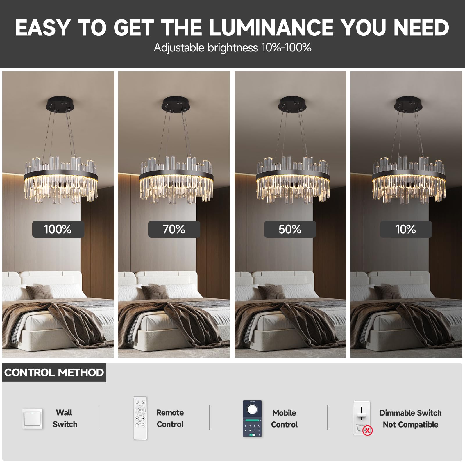 Black Led Modern Crystal Chandelier: 19.7 Round Contemporary 3 Color Dimmable Dining Room Light Fixture Over Table - Adjustable Lighting Chandeliers For Bedroom Living Kitchen Island Entryway Foyer