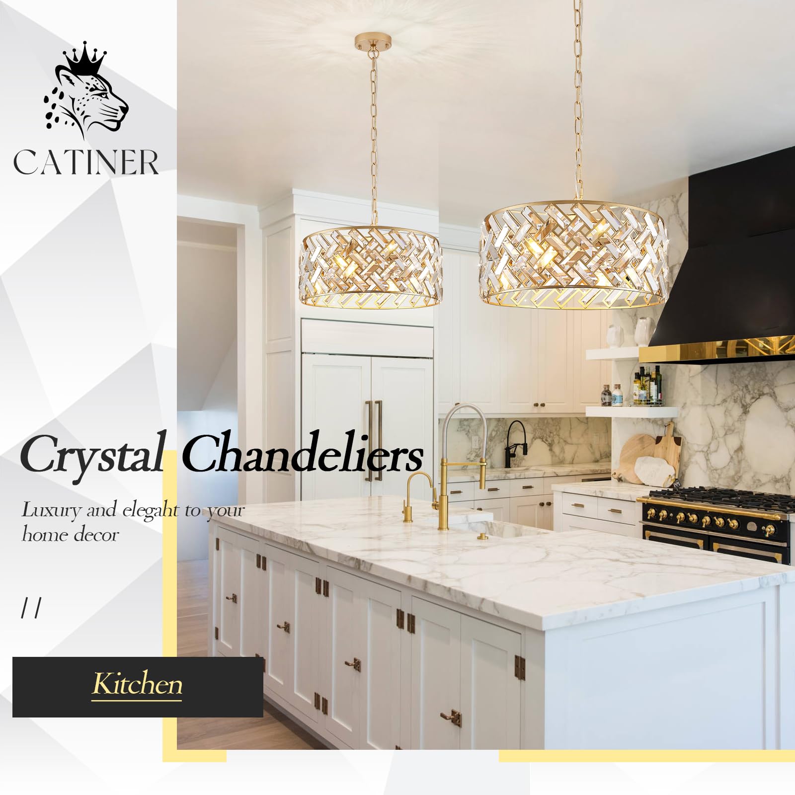 Catiner Gold Crystal Chandelier Modern 18" Round Semi Flush Mount Ceiling Light For Dining Living Room Bedroom & Foyer - Large Round Pendant Fixture
