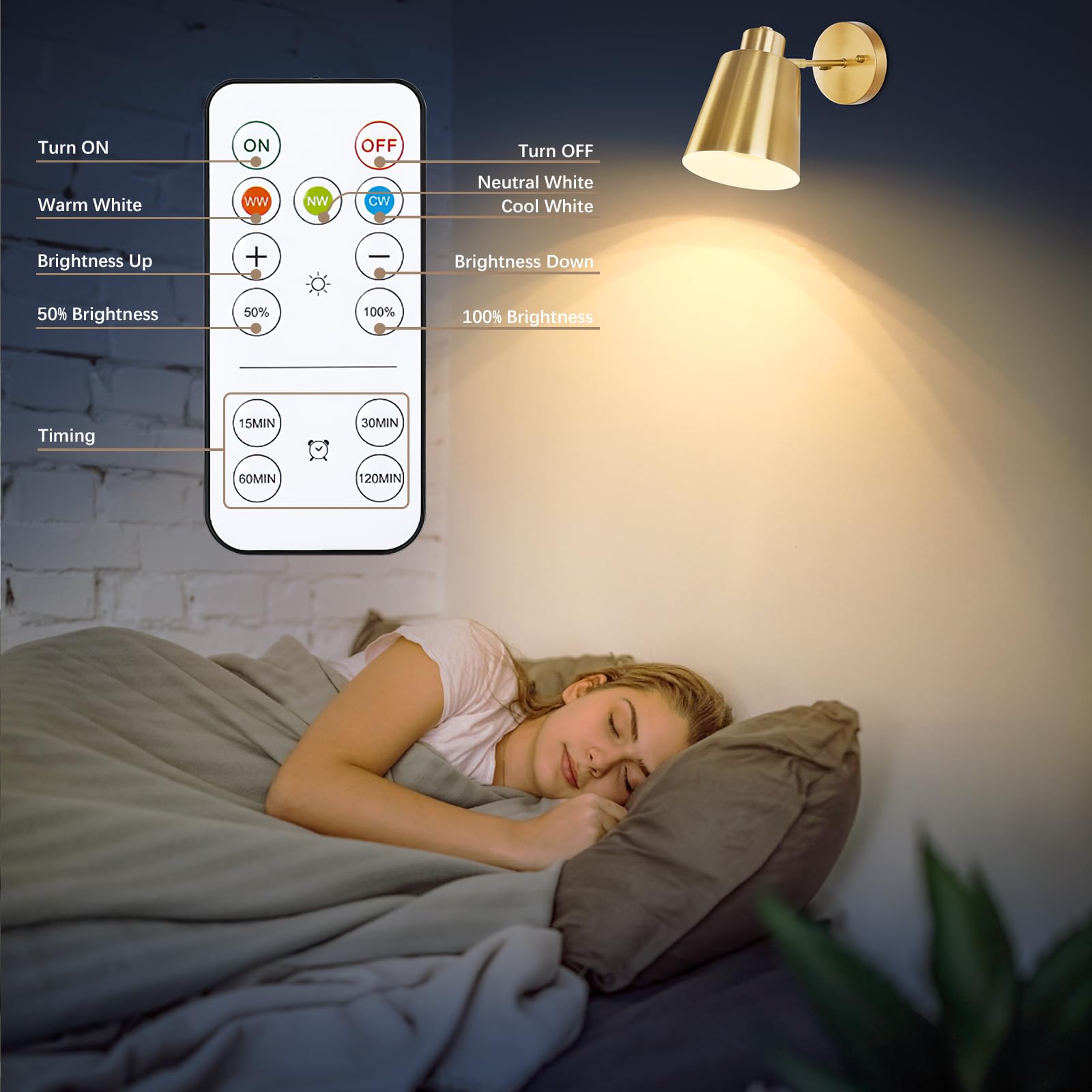Battery Operated Wall Sconces Set Of 2, Dimmable Led Wall Lights With Remote Control, Indoor Sconce Wall Lighting 3000K/4000K/6000K Adjustable Gold Wall Mounted Lamps For Bedroom Living Room Hallway