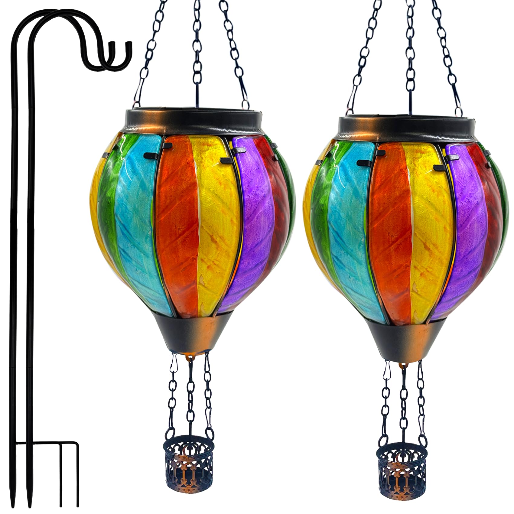 Twirleternity 2Pcs Hot Air Balloon Solar Lantern (Metal Shepherds Hook) (Flickering Flame) (Efficient Solar Panel Power) Hanging Lanterns Outdoor Waterproof Thanksgiving Gifts Colorful Rainbow