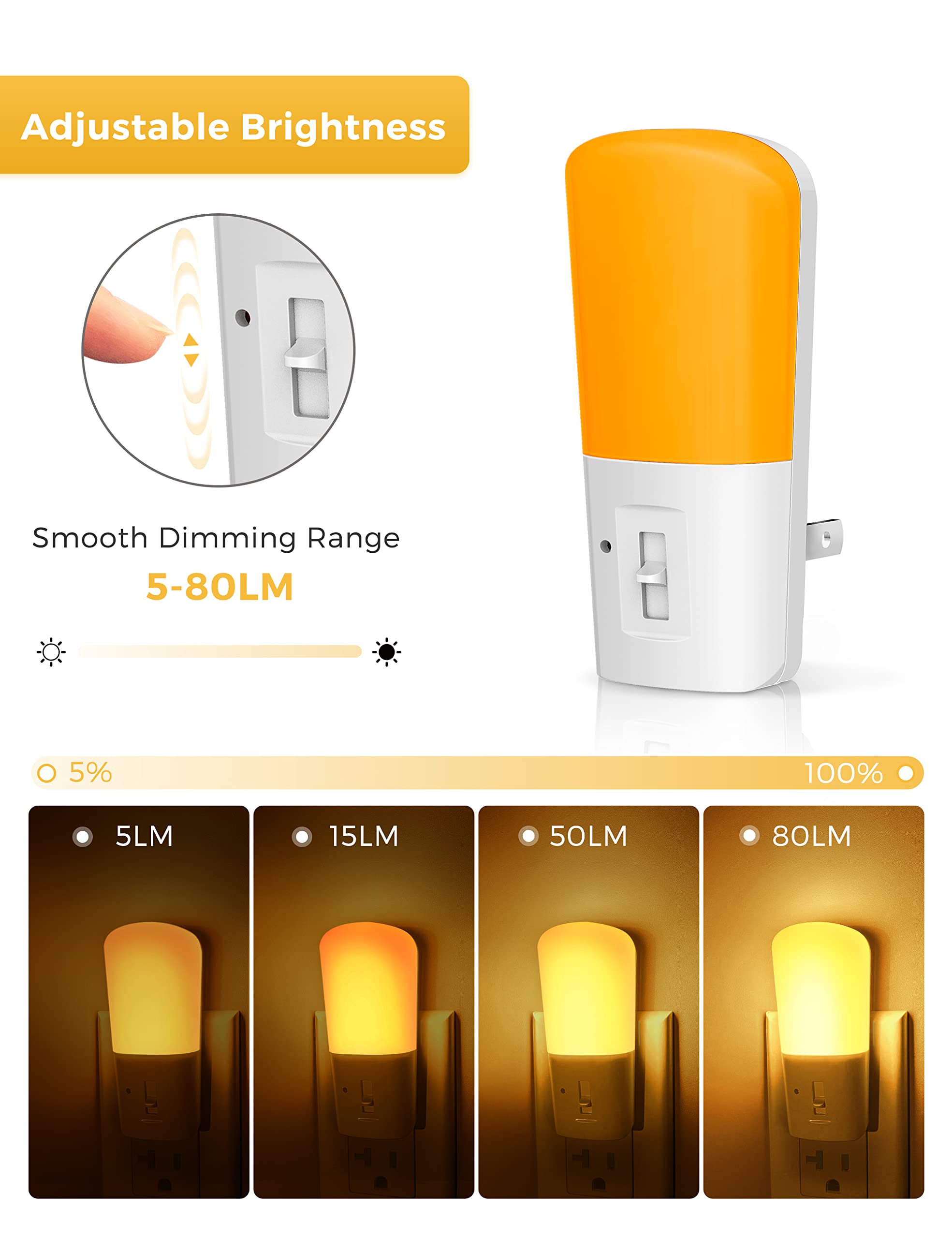 L LOHAS LED Amber Dimmable Night Light with Dusk to Dawn Sensor, Yellow, 5-80LM, 2-Pack for Kids Bedroom, Nursery, Hallway, Bathroom