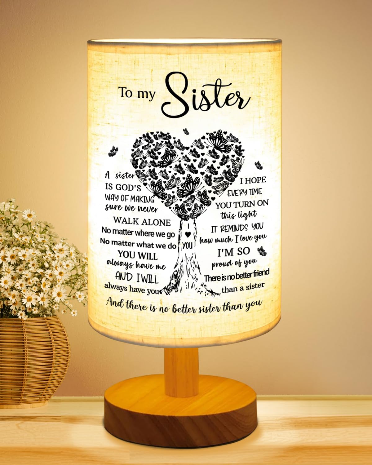 Sisters Gifts From Sister, To Sister Fabric Table Lamp, Sister Valentines Day Birthday Gifts For Sister, Bedside Table Lamp Gift