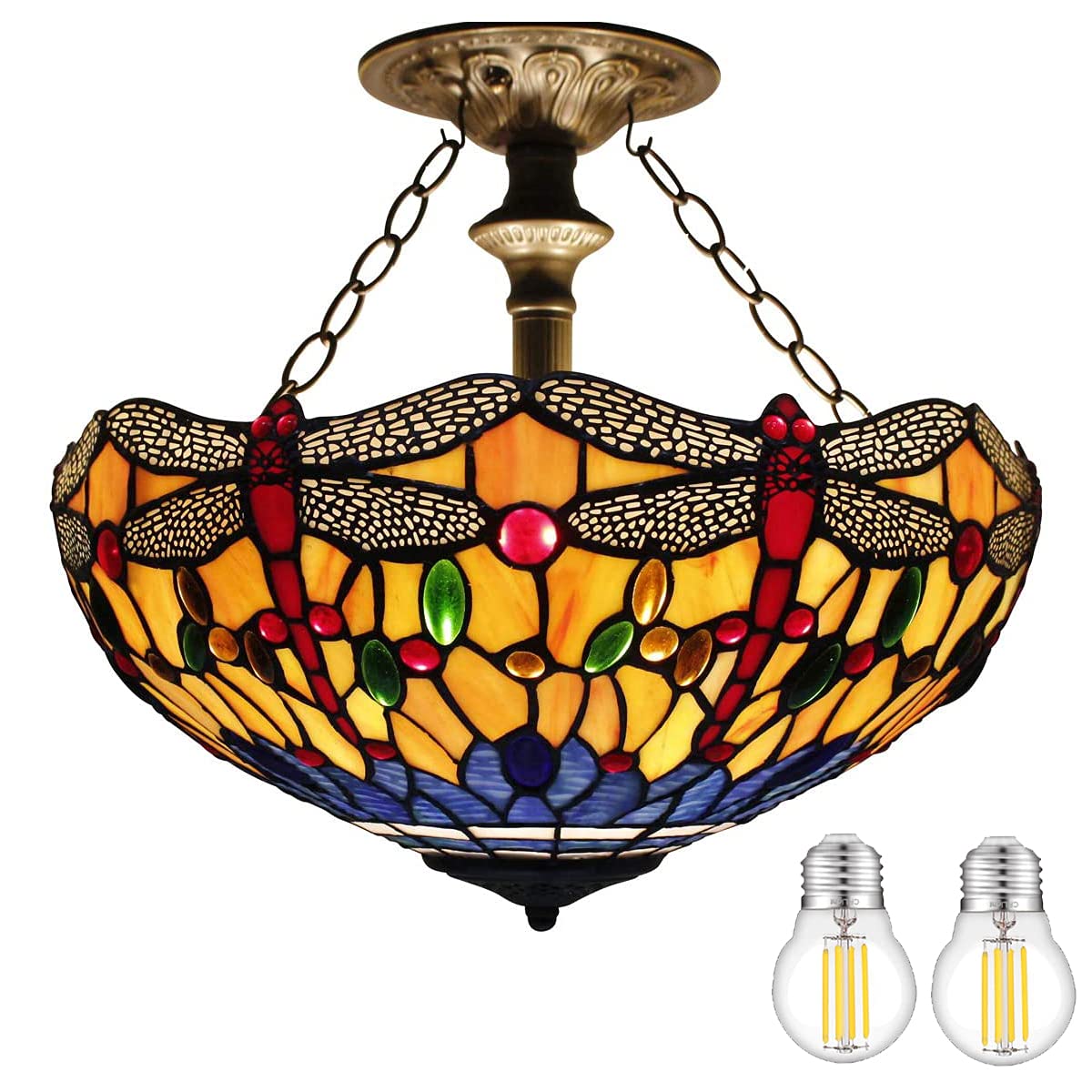 WERFACTORY Tiffany Ceiling Light Fixture, Stained Glass Dragonfly, 16in Wide, 15in Height, Orange Blue, S168 Series, Semi Flush Mount Lamp