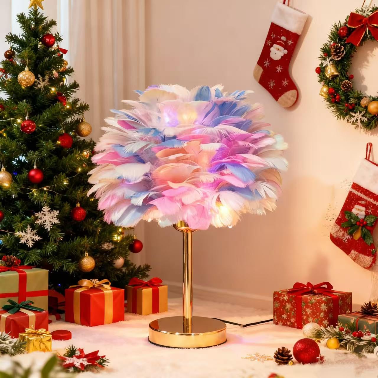 EMINGSKY Colorful Feather Table Lamp with Gold Finish - 3 Color Changing LED Bedside Desk Lamp, Vibrant Fun Decor for Kids Room 