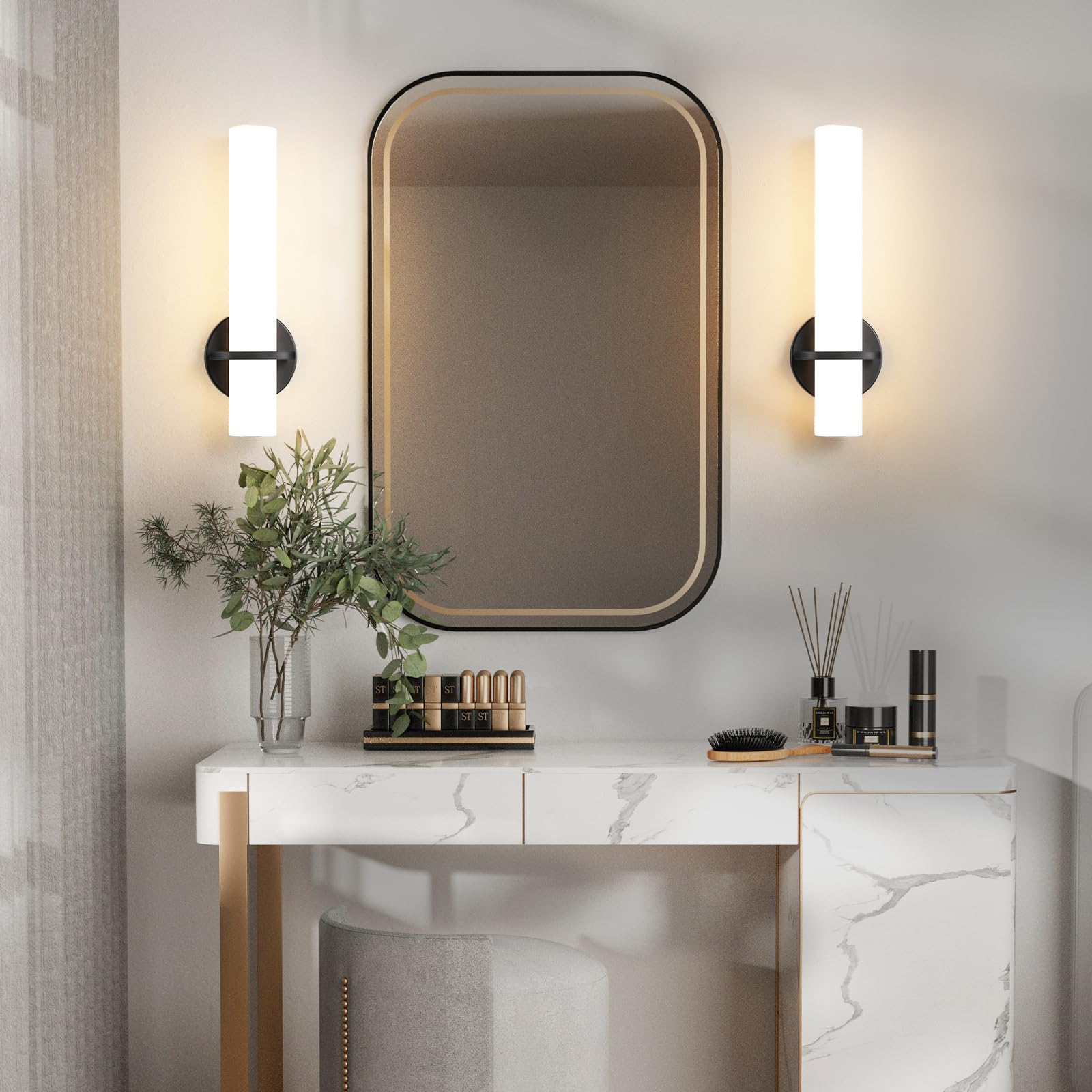 AIJIASI Wall Sconce Light Set of 2 - Dimmable LED, 15W, Black Metal, Acrylic Shade, Model 8001WL-14BK-US-2P