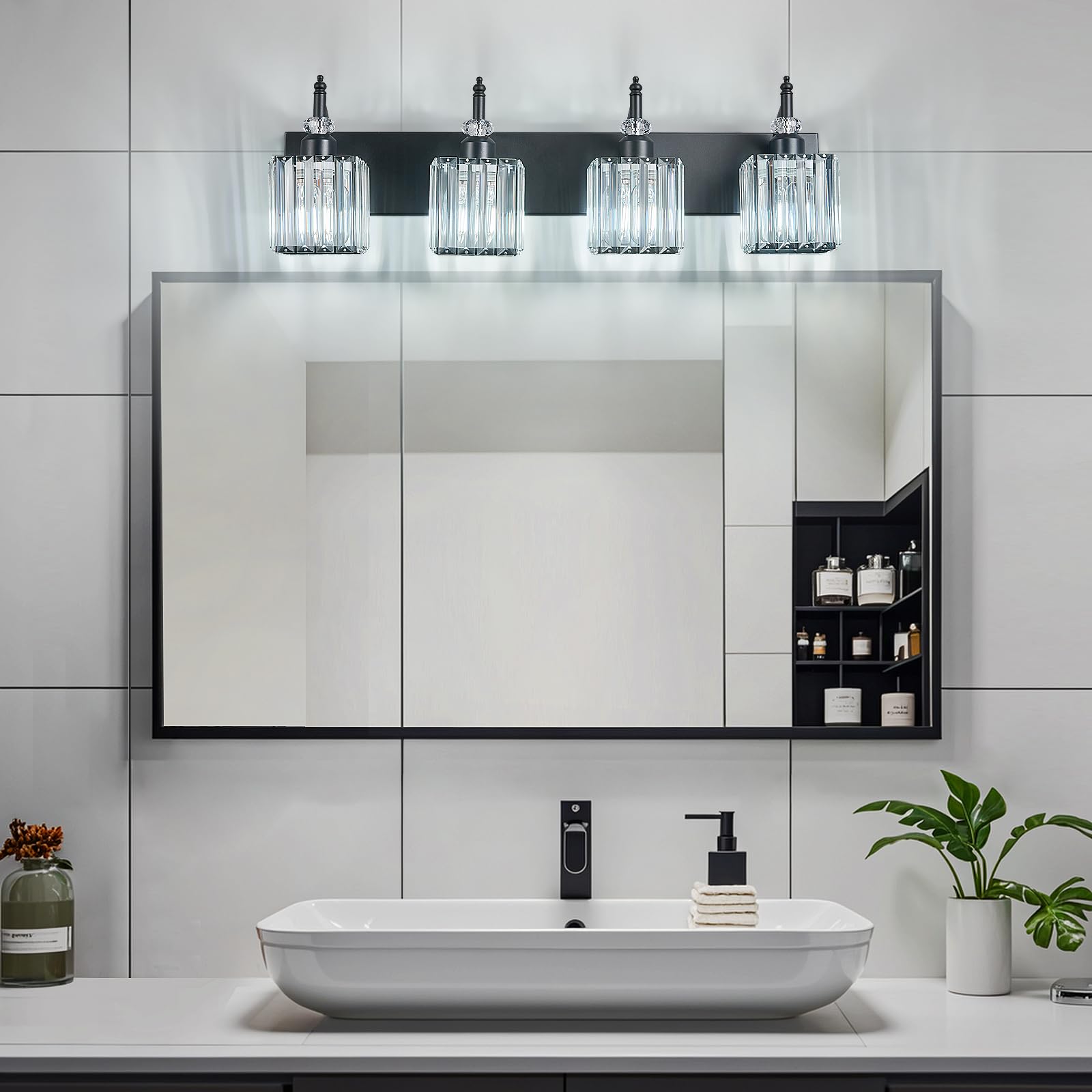 BBLLWJ Crystal Vanity Lights - 4-Light Modern Bathroom Fixture Over Mirror, Black, Model 655
