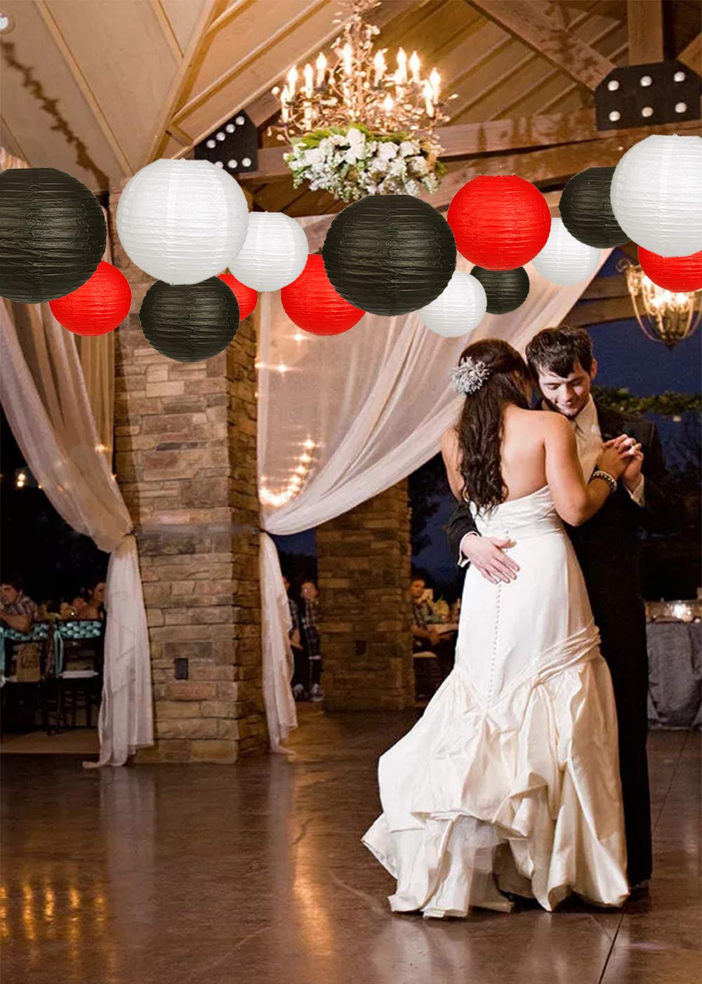 zilue 24pcs Round Paper Lanterns - Black/Red - Paper Decoration for Wedding, Birthday, Baby Showers - Model PL100303
