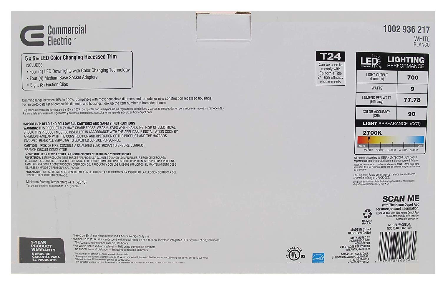 Commercial Electric 5/6" LED Recessed Trim Downlight, 8 Pack, Energy Star, Color Changing, White, Model 682131525289