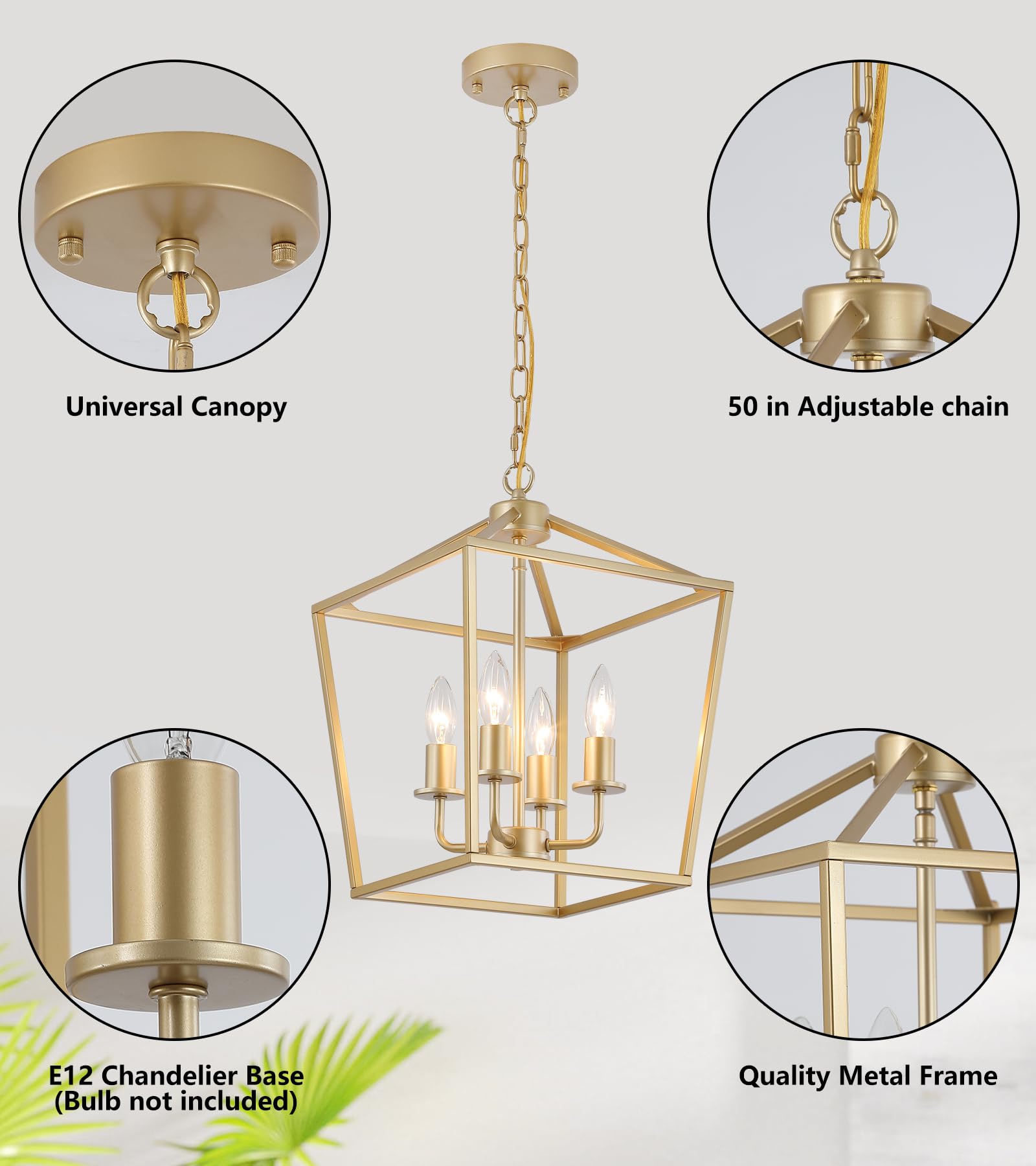 Industrial 4 Lights Chandelier, Gold Lantern Ceiling Light Fixtures With Rustic Metal Cage Adjustable Height Farmhouse Geometric